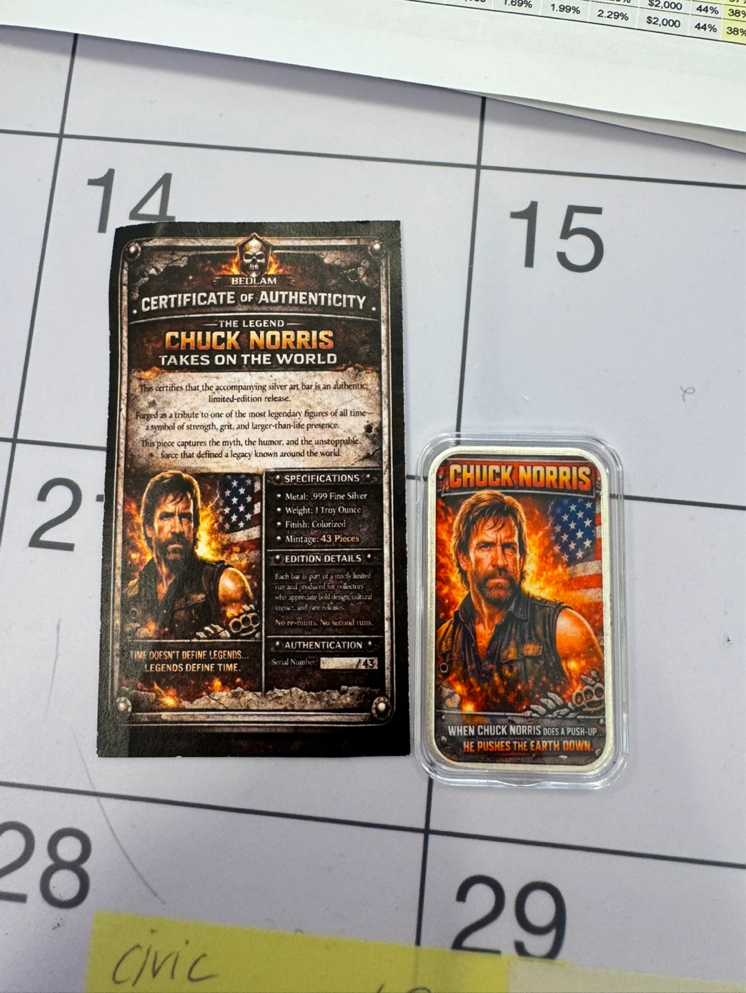 Chuck Norris 1 Troy Ounce .999 Fine Silver Bar - photo 3