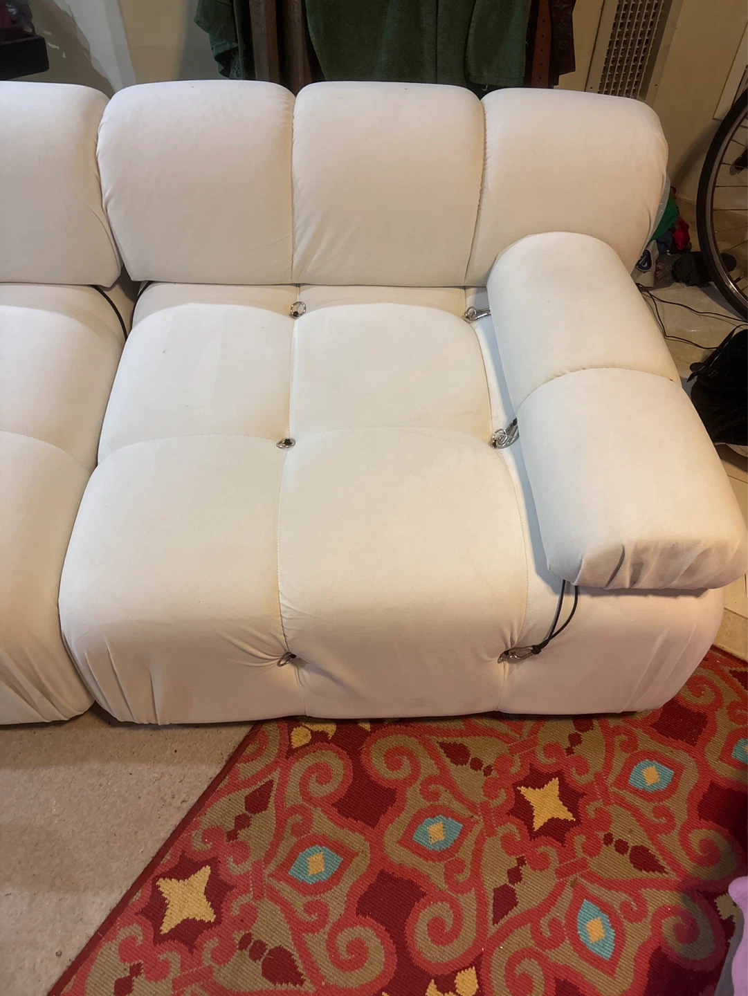 White Tufted Sectional Sofa with Ottoman