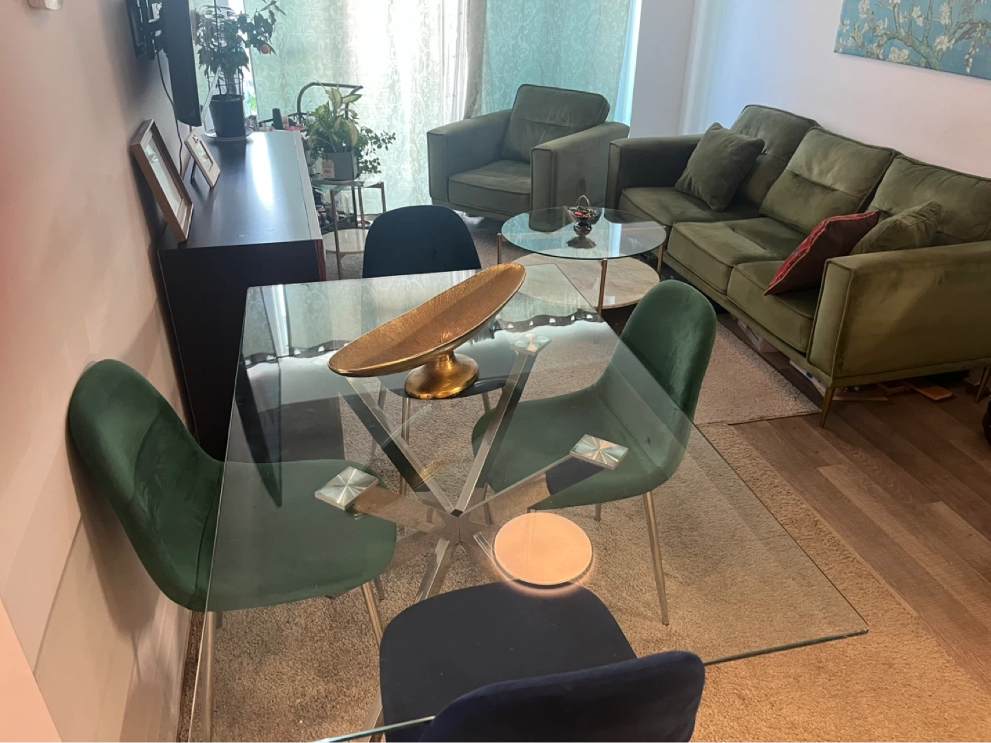 Modern Green Velvet Sofa and Armchair Set