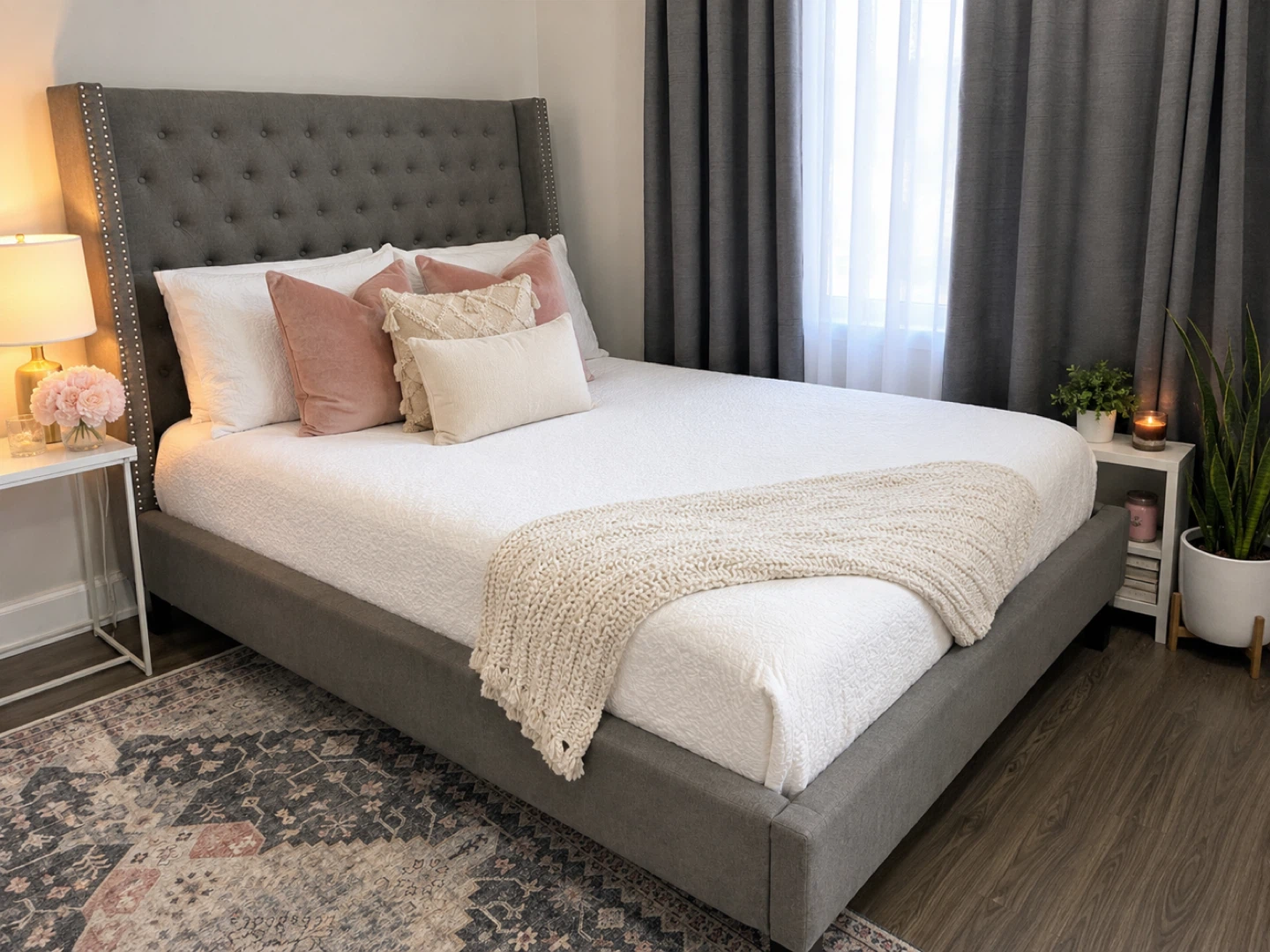 Grey Tufted Upholstered Queen Bed Frame