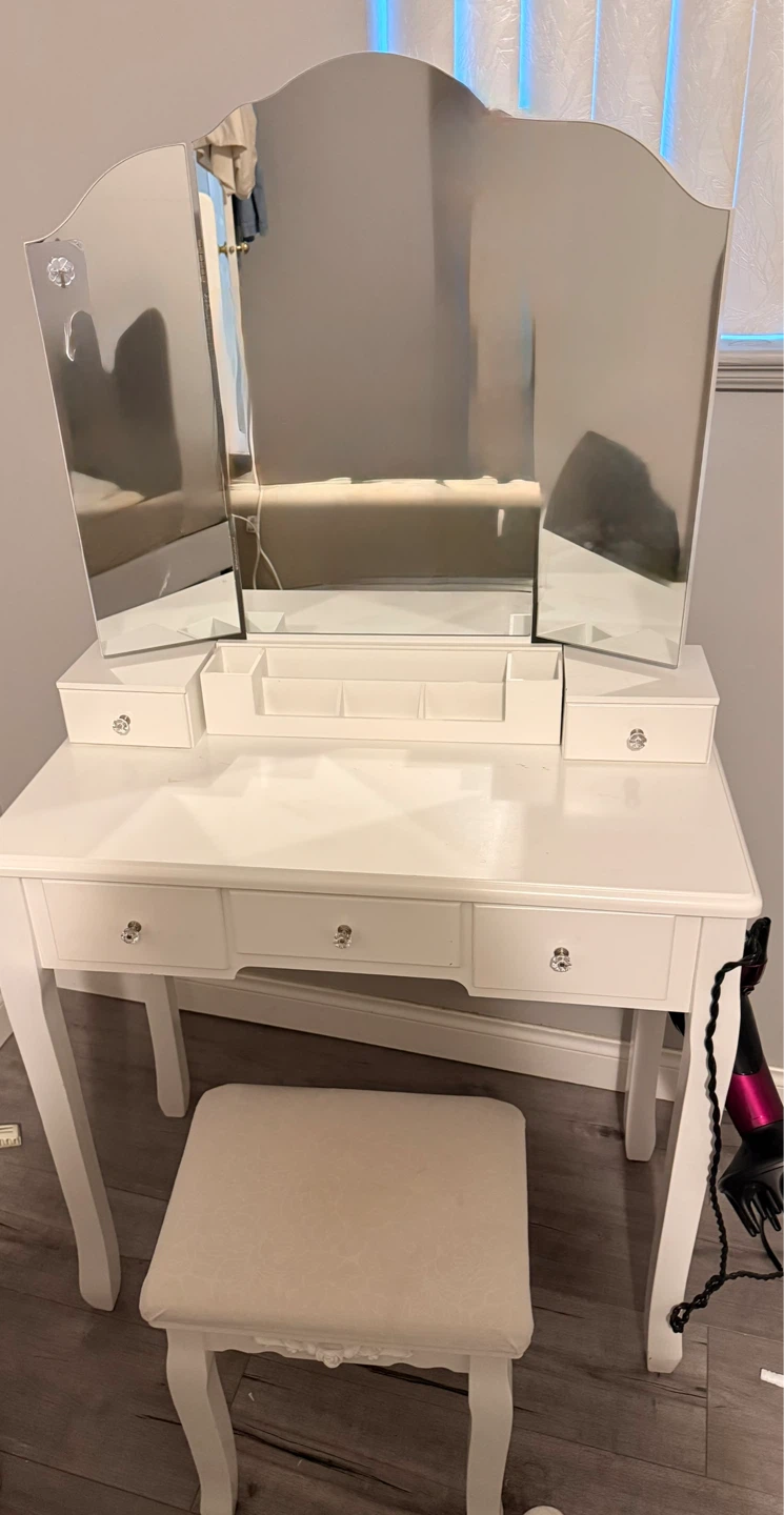 White Vanity Dressing Table with Tri-fold Mirror and Stool