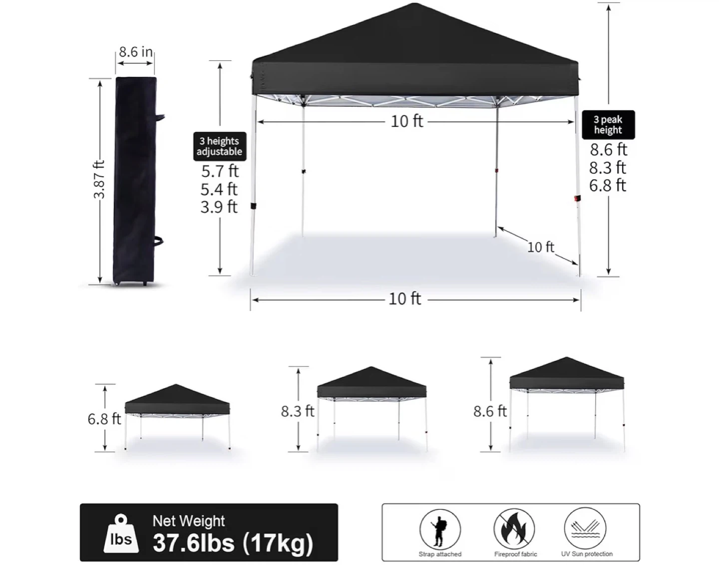 Black 10x10 ft Canopy Tent with Wheeled Bag - photo 4