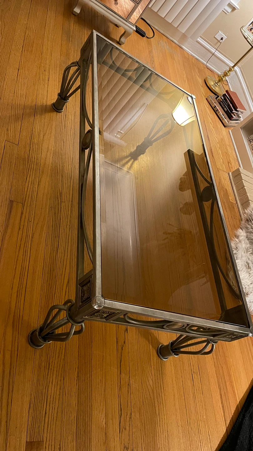 Ornate Metal Frame Coffee Table with Smoked Glass Top