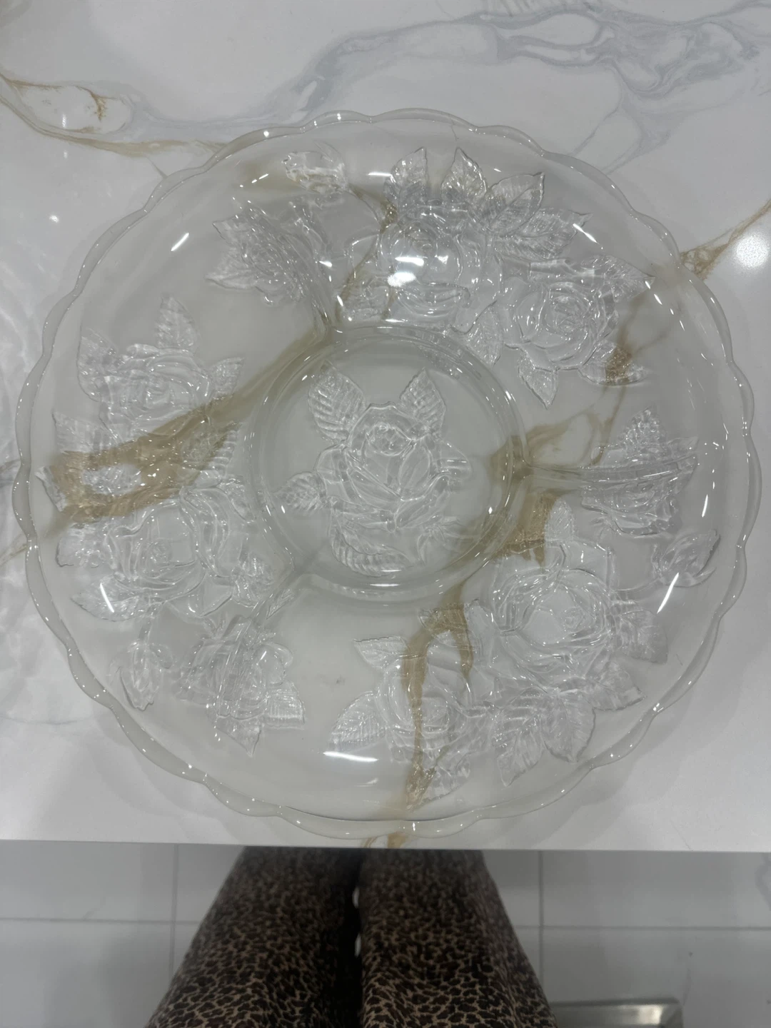 Glass Serving Platter with Embossed Fruit and Flowers