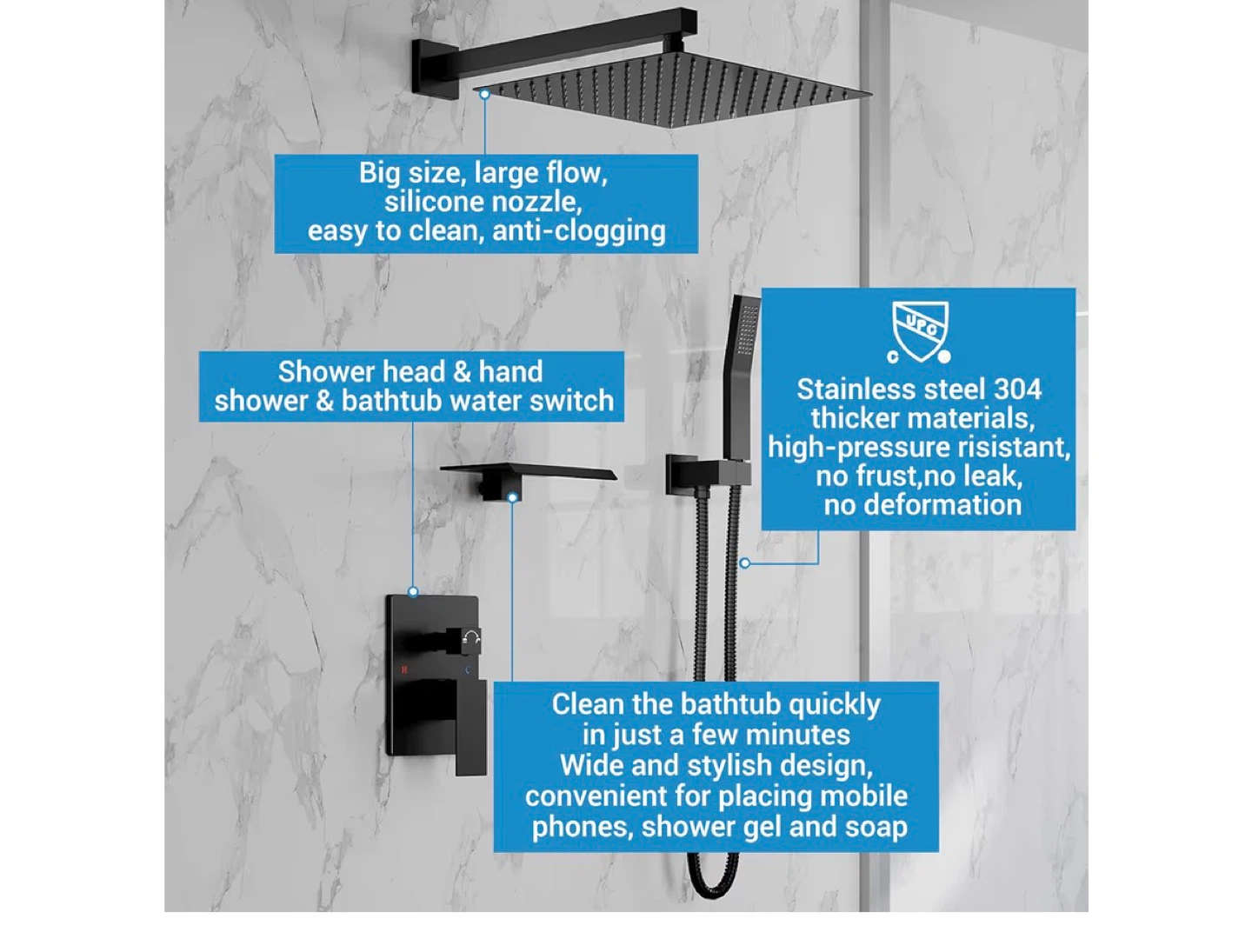 12 Inch Matte Black Shower Head Set with Handheld Shower - photo 5