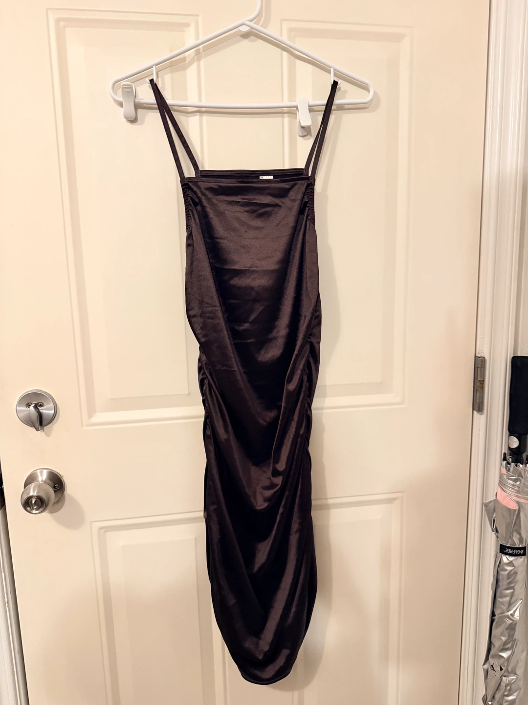 Satin Ruched Midi Dress - Dark Brown Size S/M