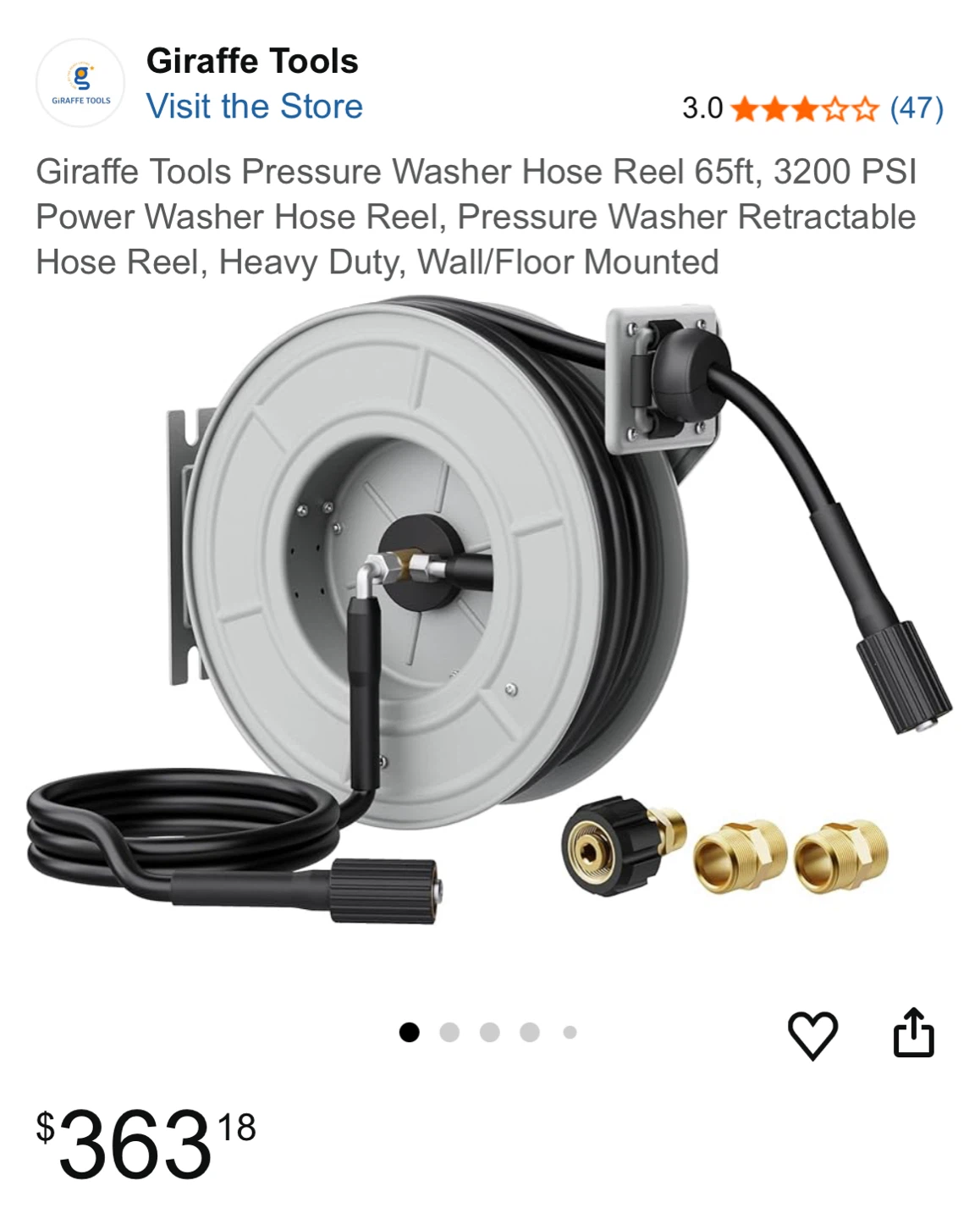 Giraffe Tools Retractable Pressure Washer Hose Reel 65ft