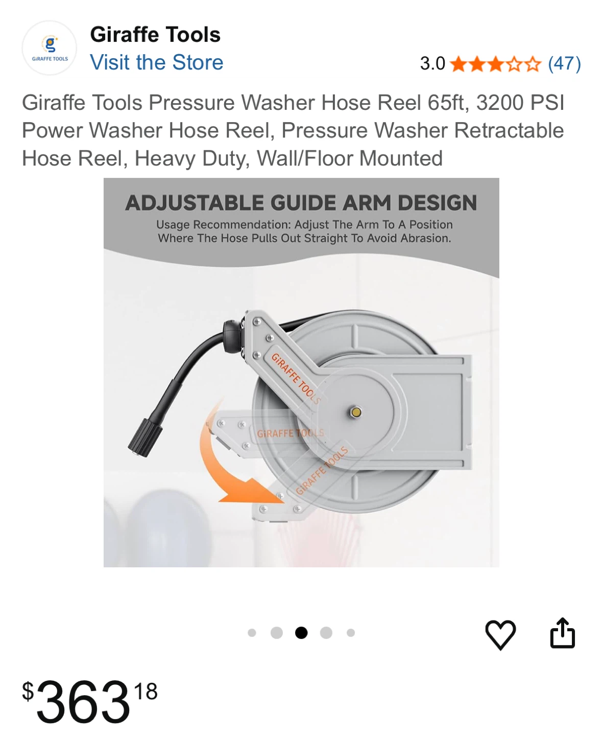 Giraffe Tools Retractable Pressure Washer Hose Reel 65ft - photo 5