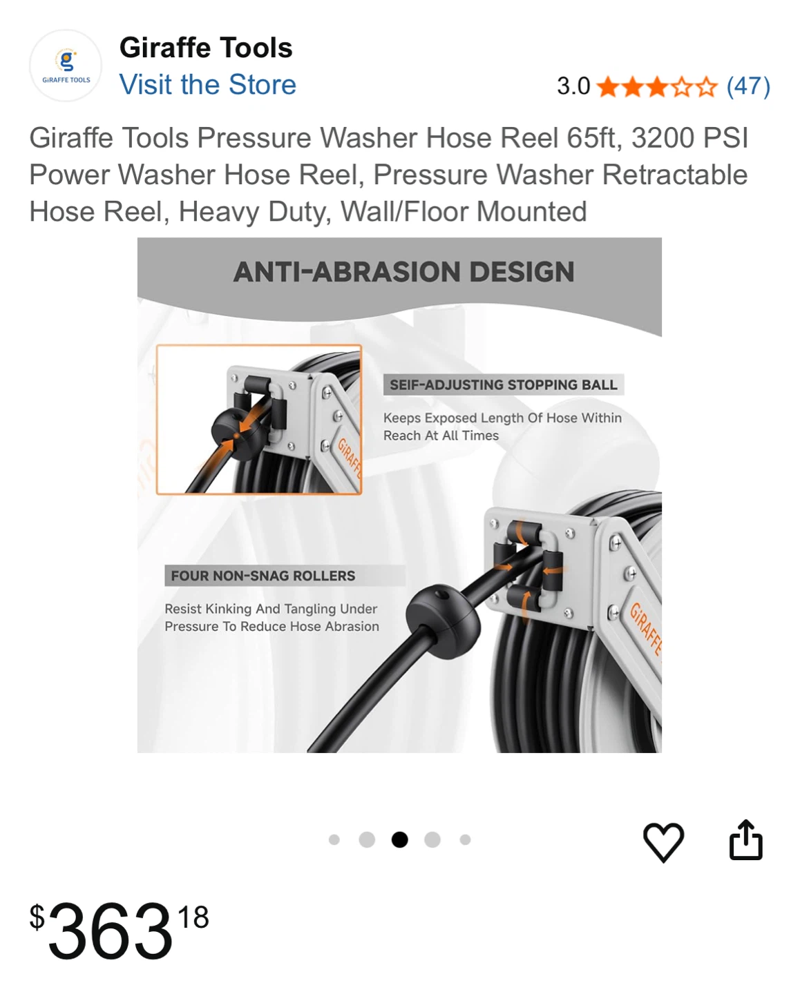 Giraffe Tools Retractable Pressure Washer Hose Reel 65ft - photo 4