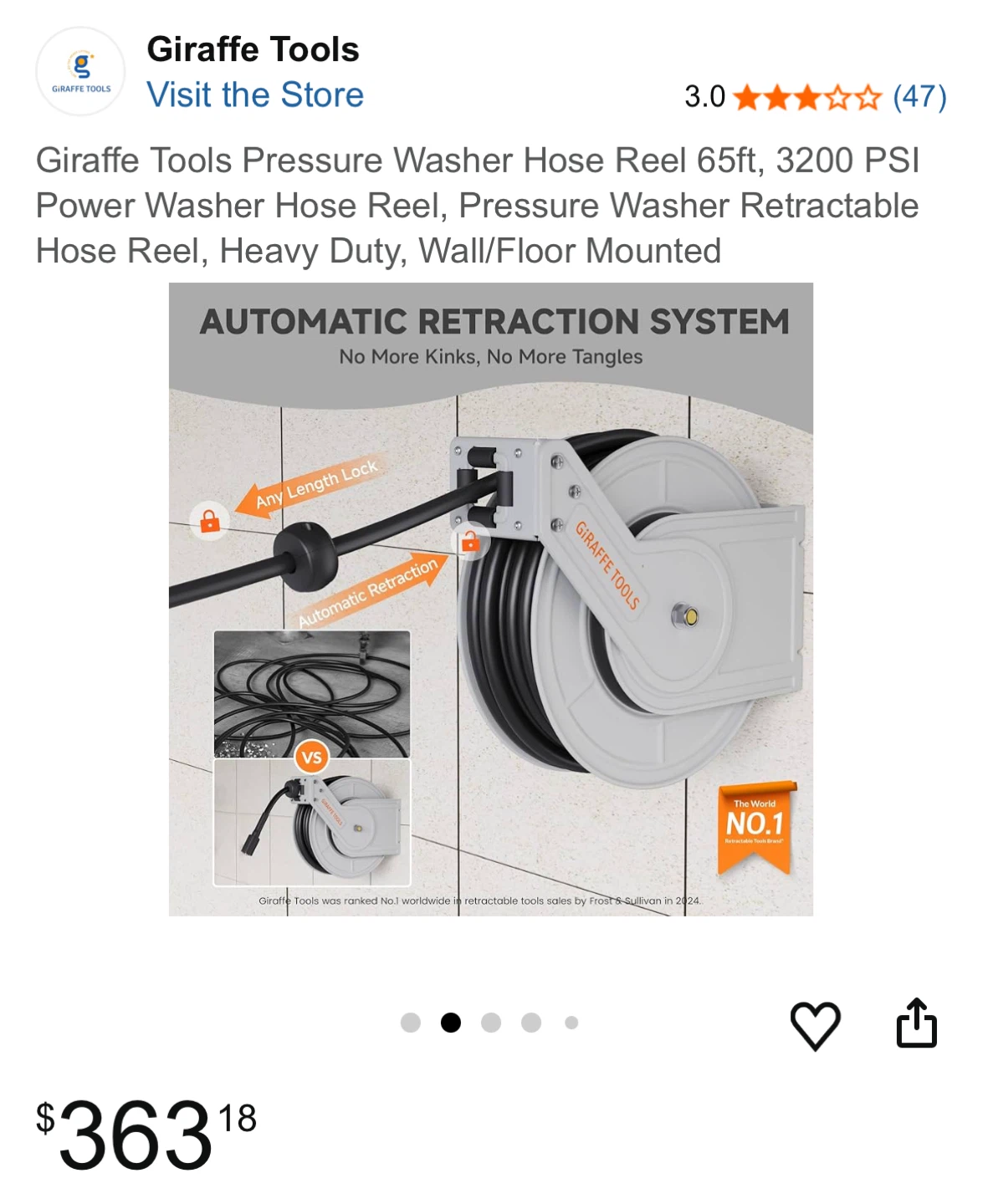Giraffe Tools Retractable Pressure Washer Hose Reel 65ft - photo 2