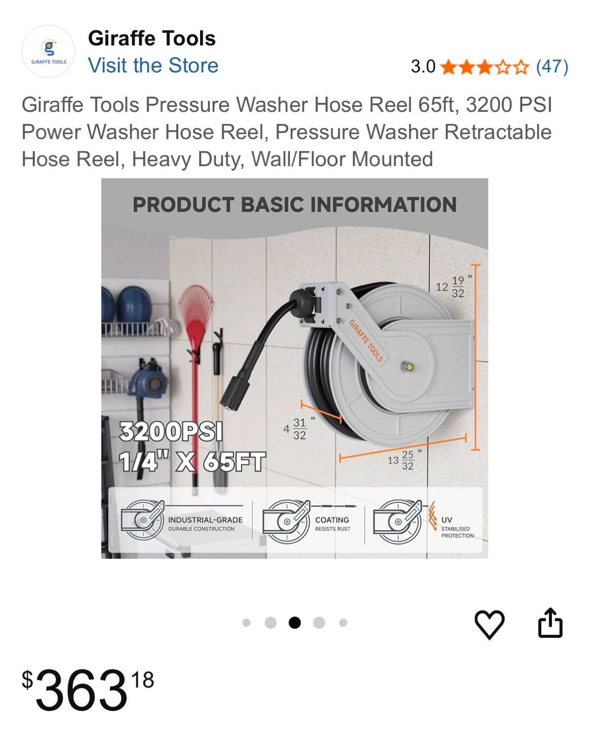 Giraffe Tools Retractable Pressure Washer Hose Reel 65ft - photo 3