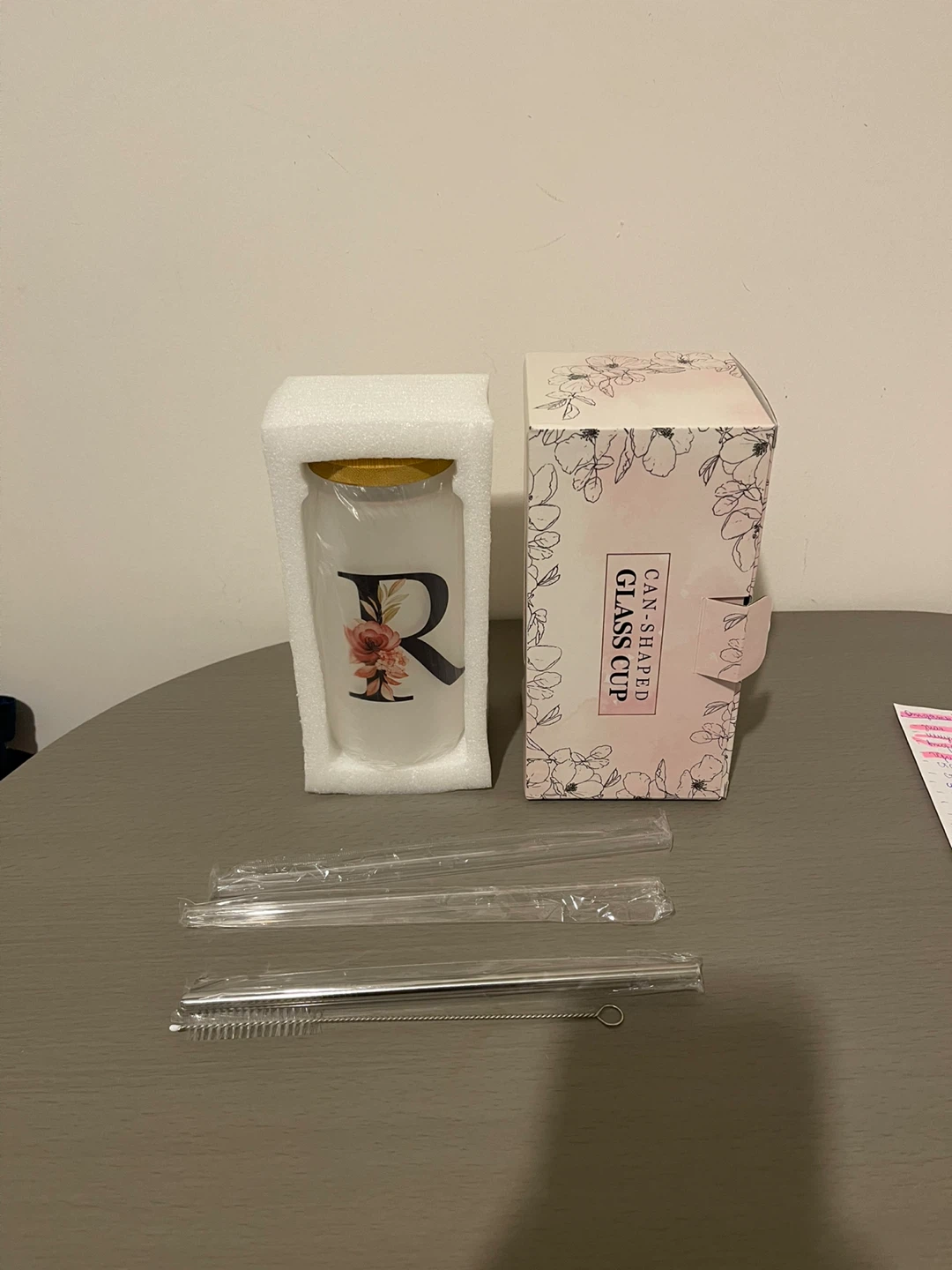 Brand new glass cup with letter R and flowers
