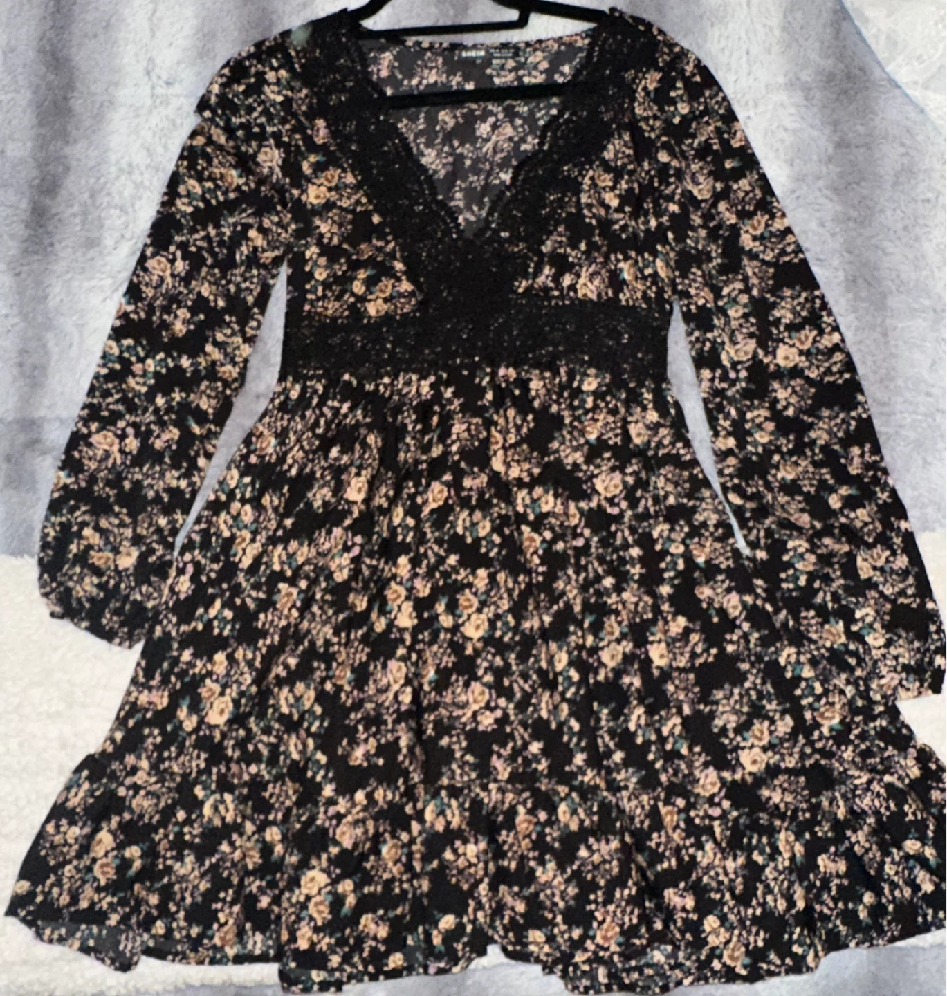 Black floral long-sleeve dress with lace trim