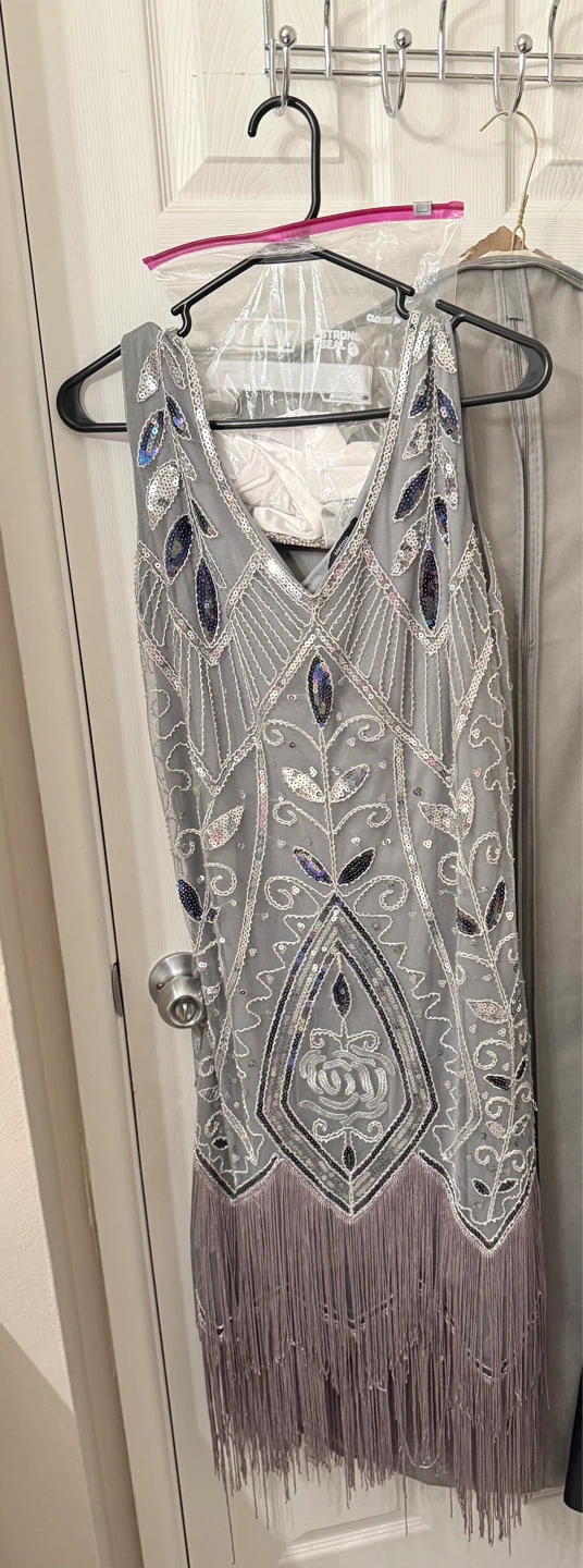 VTG Metme Gatsby Style Gray Beaded Flapper Dress with Fringe - photo 2
