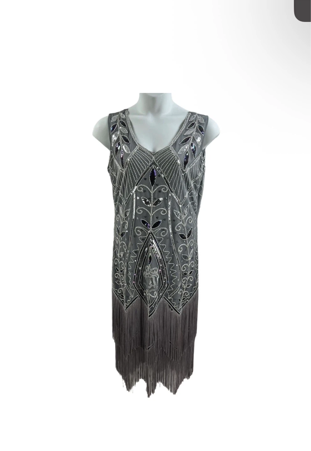 VTG Metme Gatsby Style Gray Beaded Flapper Dress with Fringe