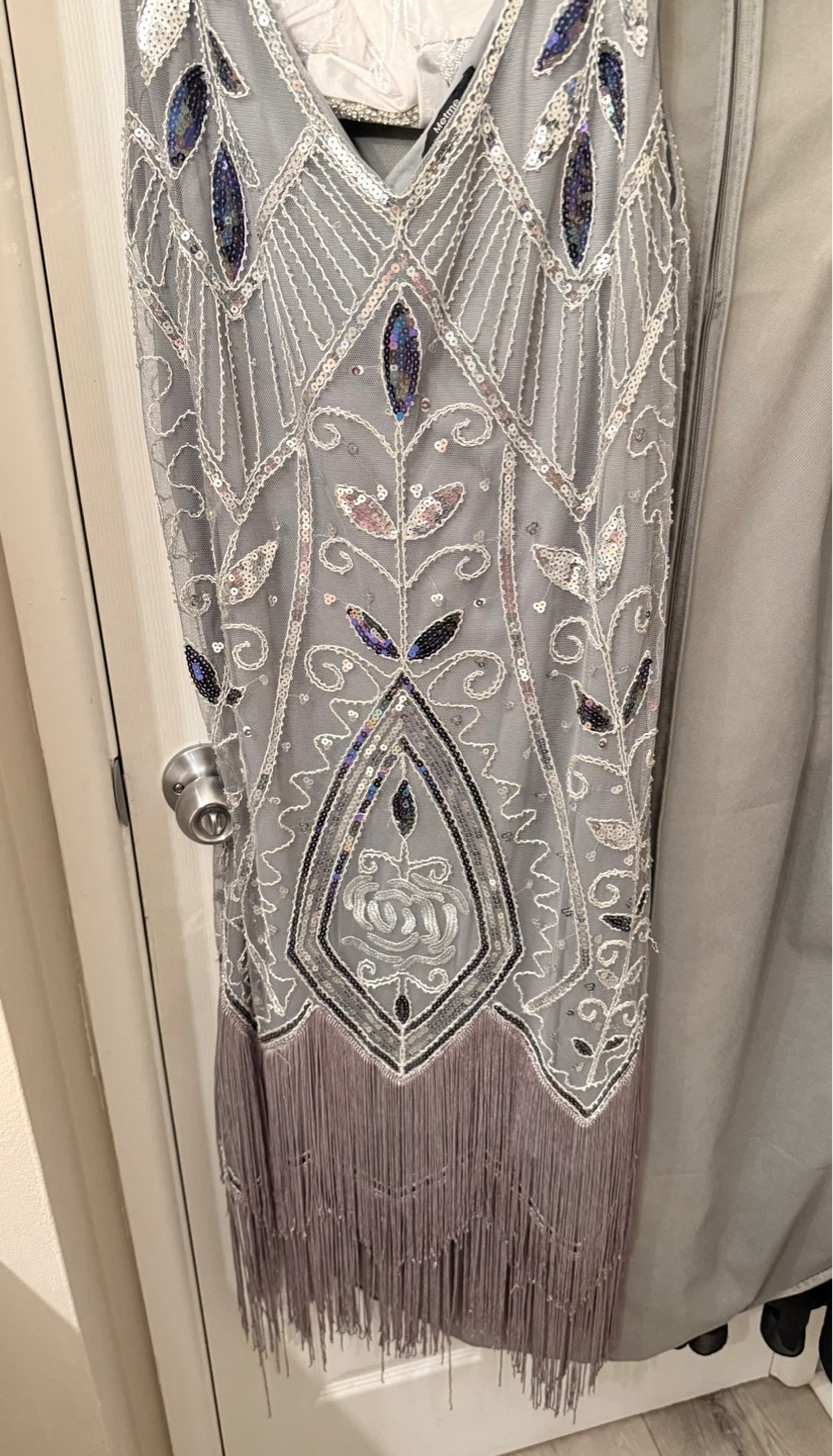 VTG Metme Gatsby Style Gray Beaded Flapper Dress with Fringe - photo 3
