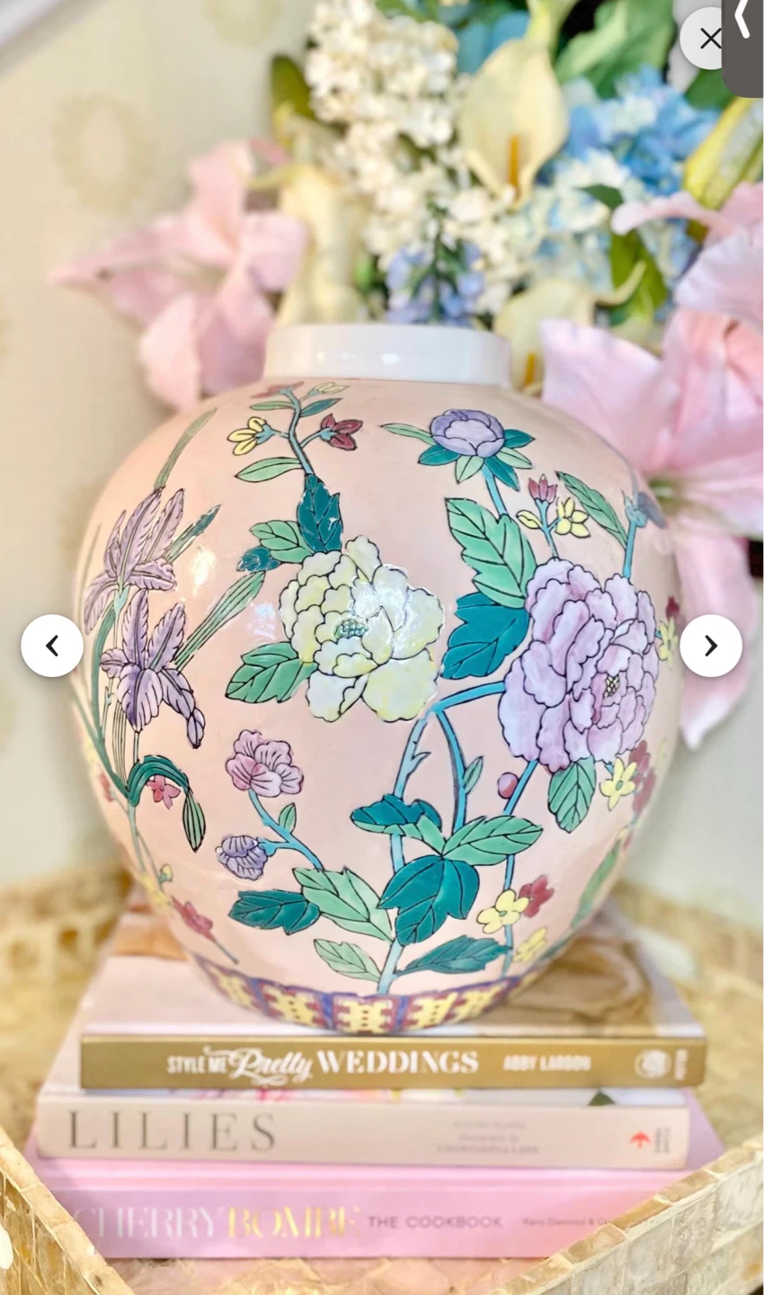 VTG Pink Floral Large Ginger Jar Vase