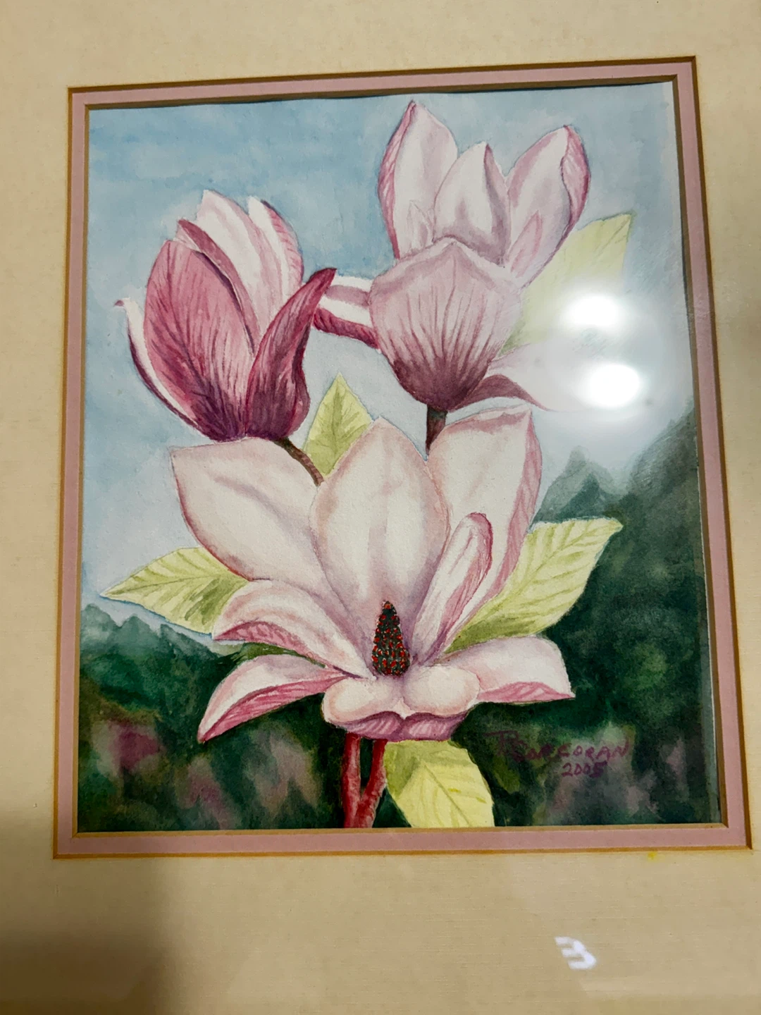 Framed Watercolor Painting of Magnolias and Lilacs