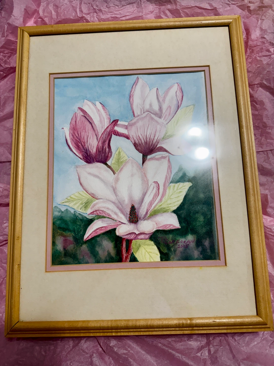 Framed Watercolor Painting of Magnolias and Lilacs - photo 2