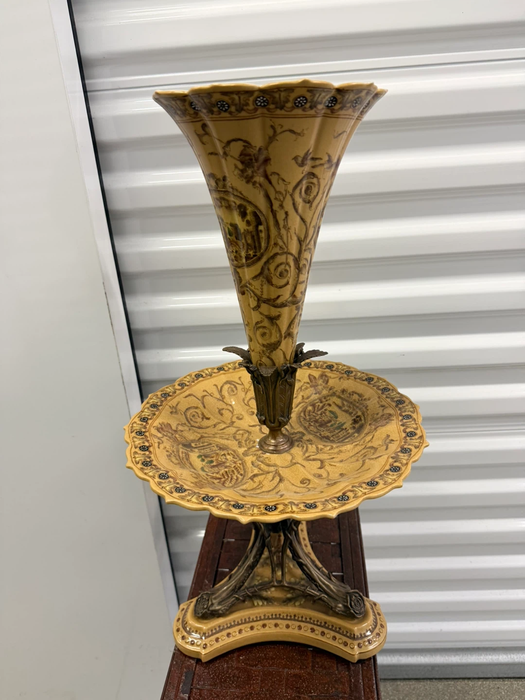 Antique French Enameled Art Glass & Bronze Trumpet Vase - photo 3