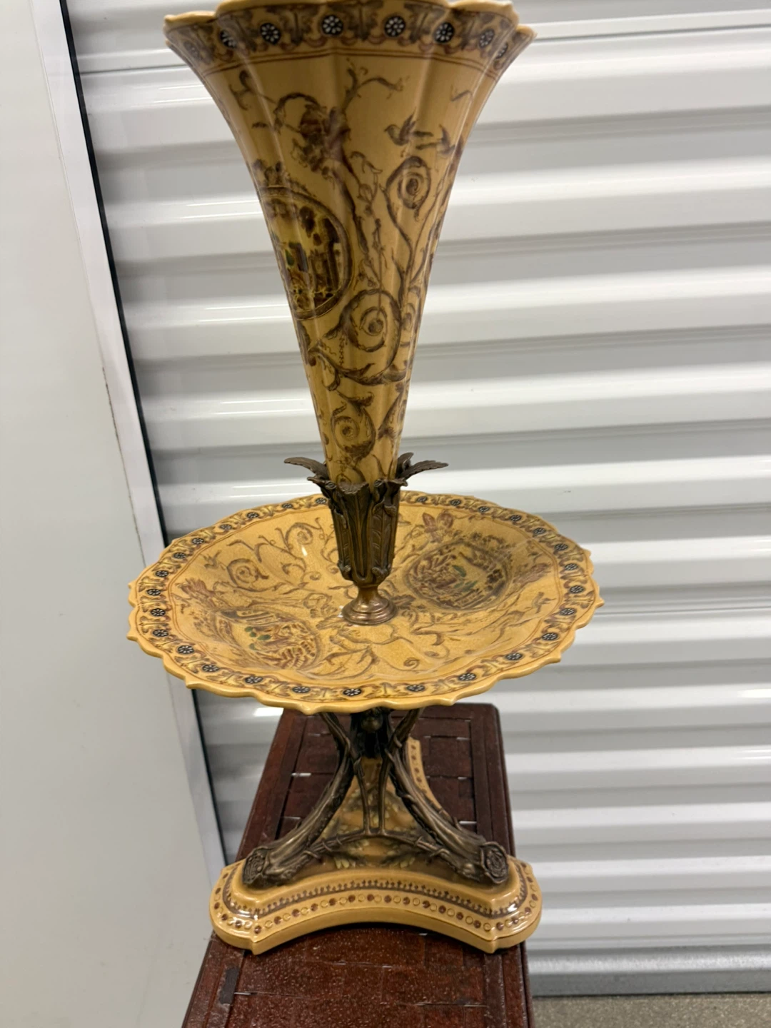 Antique French Enameled Art Glass & Bronze Trumpet Vase - photo 2