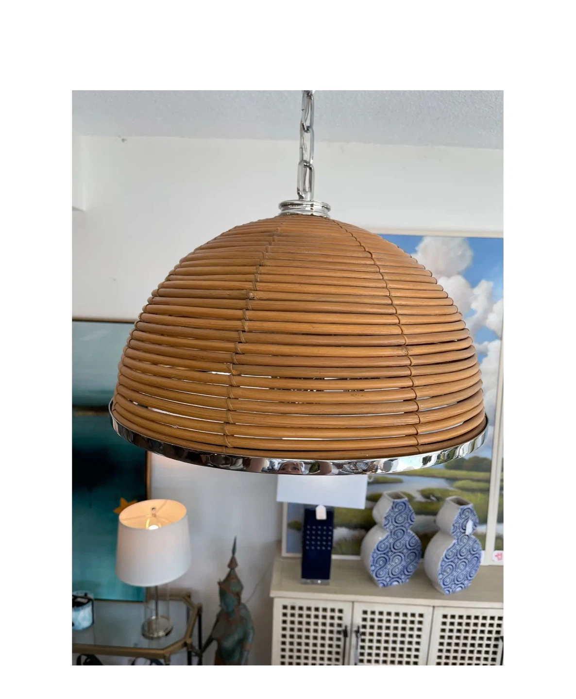 Like New-Corbett Dome Rattan & Chrome Chandelier