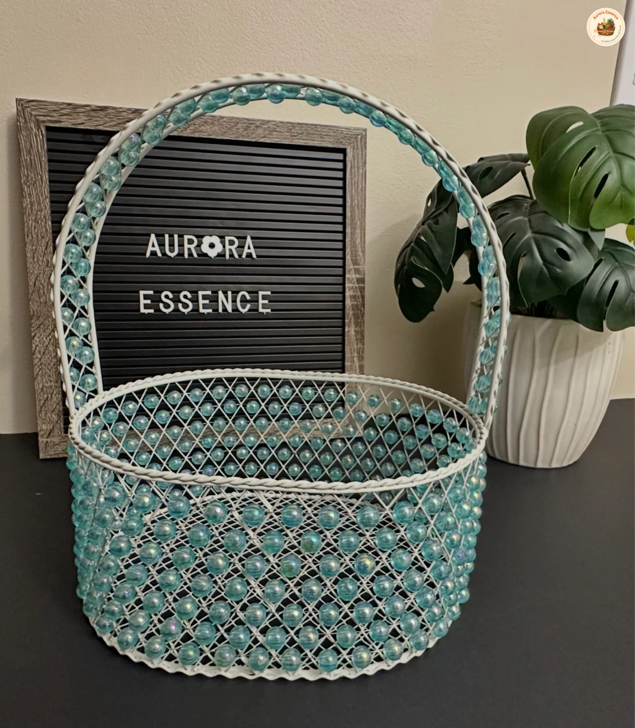 White Wire Basket with Blue Beads