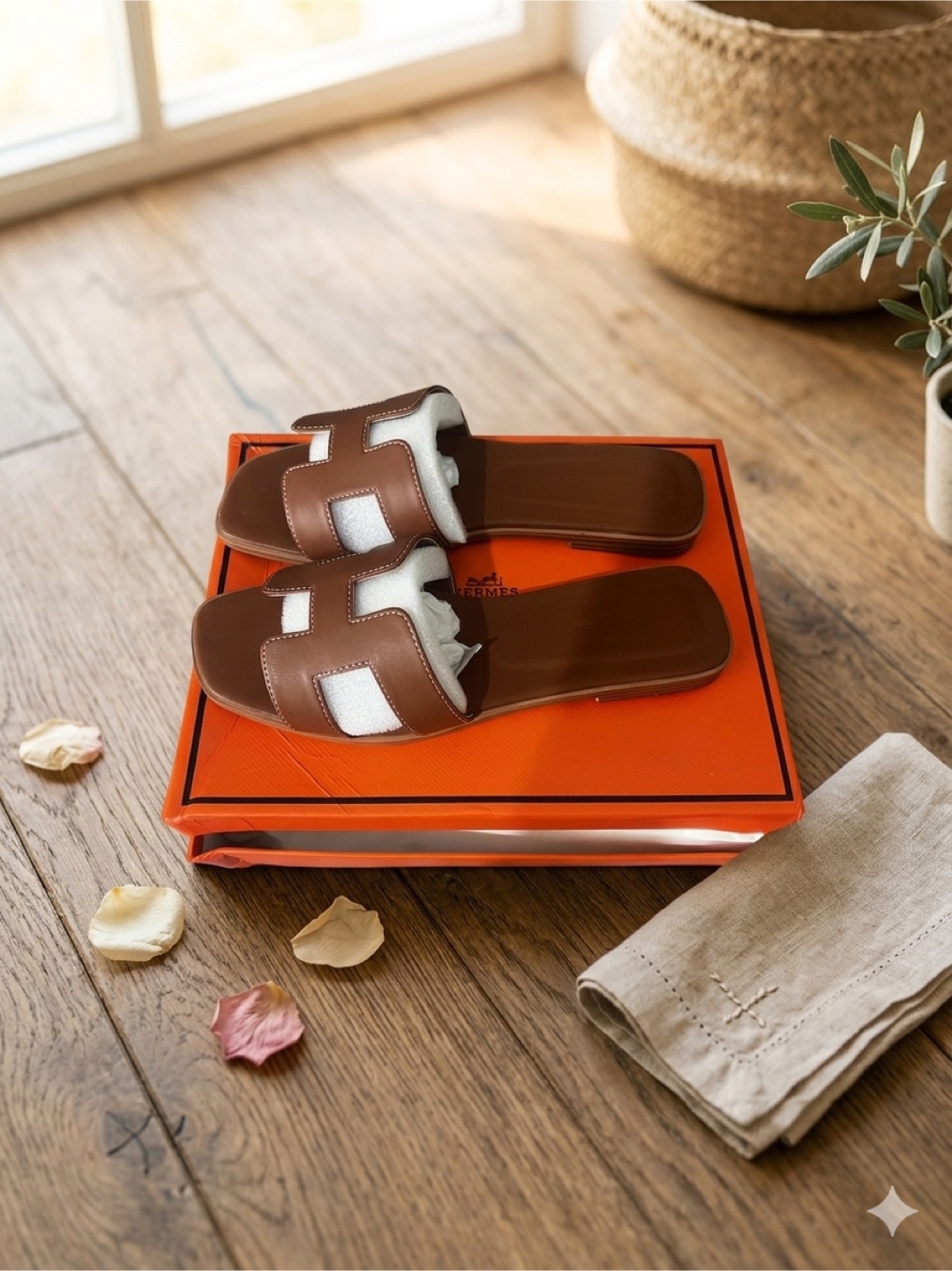 Hermès Brown Leather H Slides - photo 4