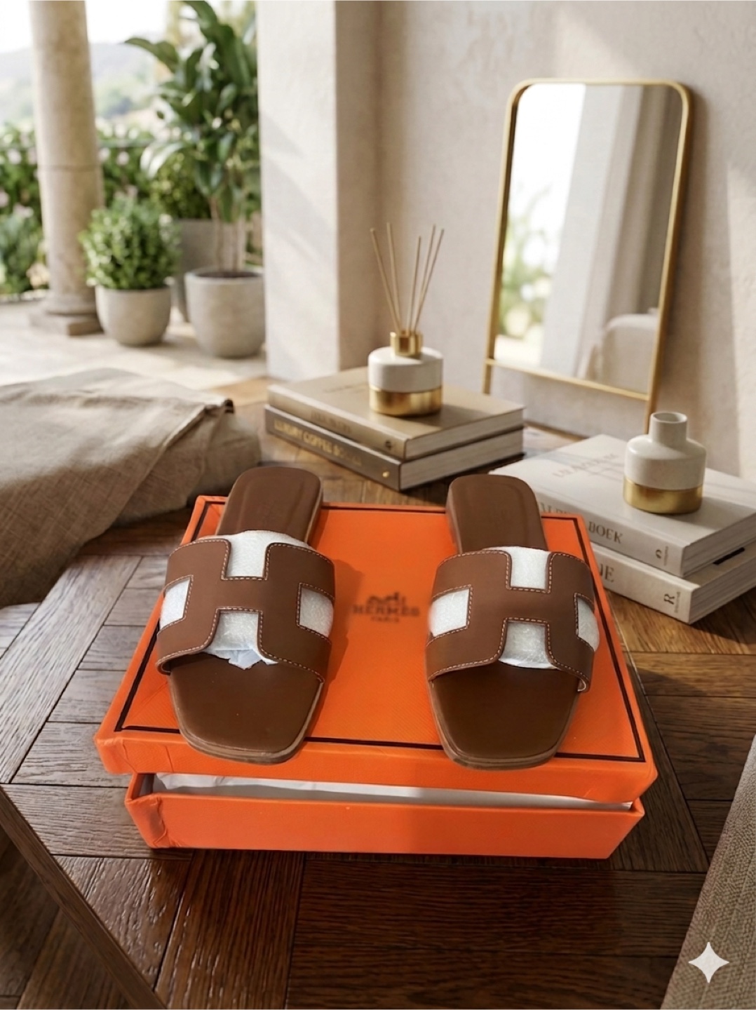 Hermès Brown Leather H Slides