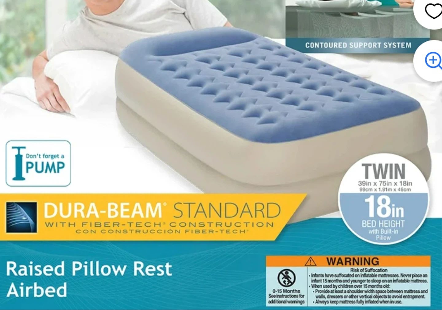 Intex Dura-Beam Standard Twin Air Mattress with Built-in Pillow