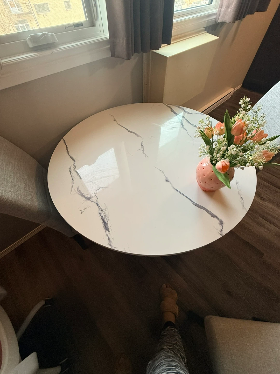 Round Marble-Look Dining Table and 4 Chairs Set - photo 5