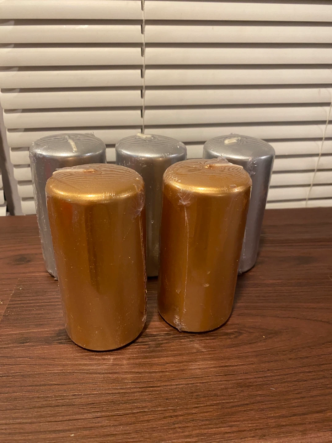 Set of 5 Metallic Pillar Candles (3 Silver, 2 Gold) - Brand New