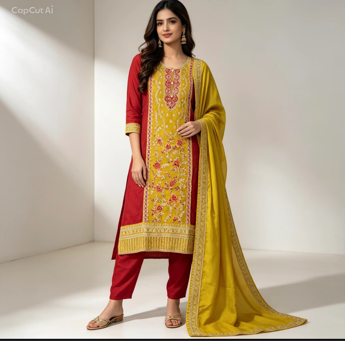 Red and Yellow Embroidered Kurta with Pants and Dupatta
