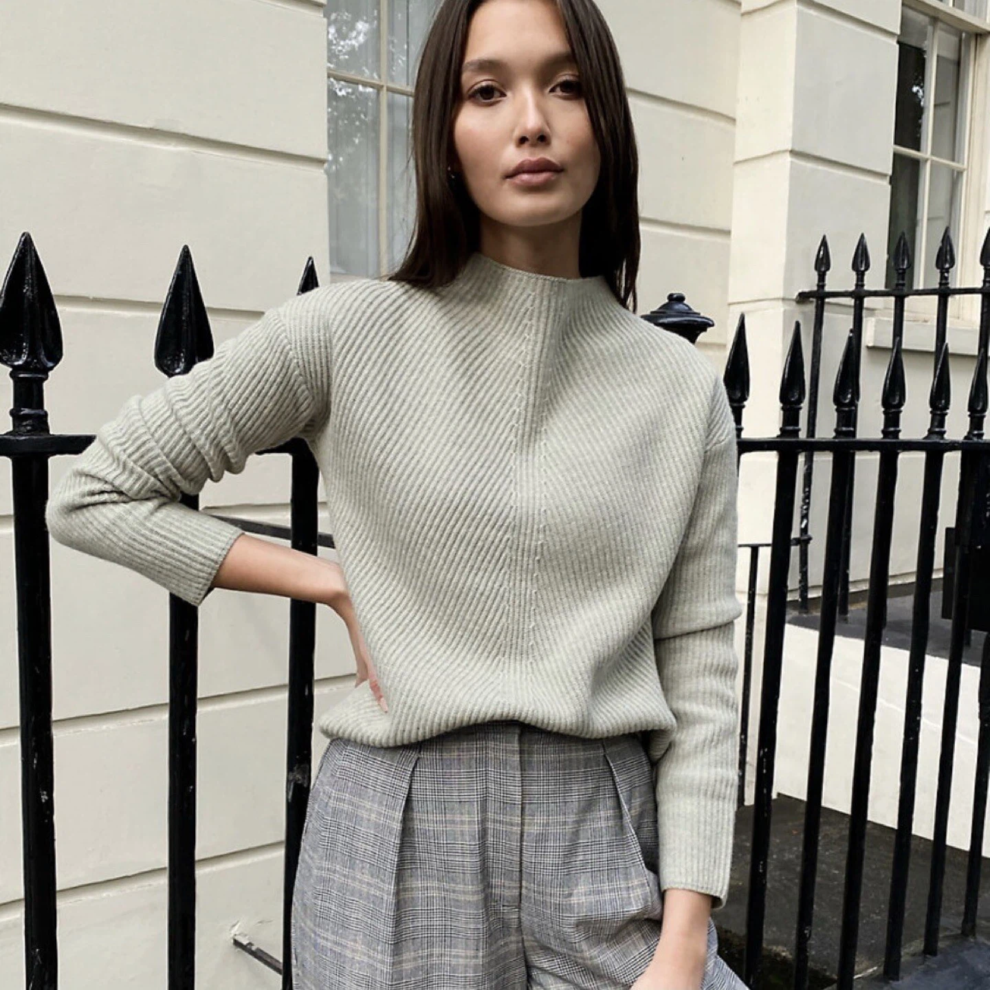 Babaton Grey Ribbed Mock Neck Sweater