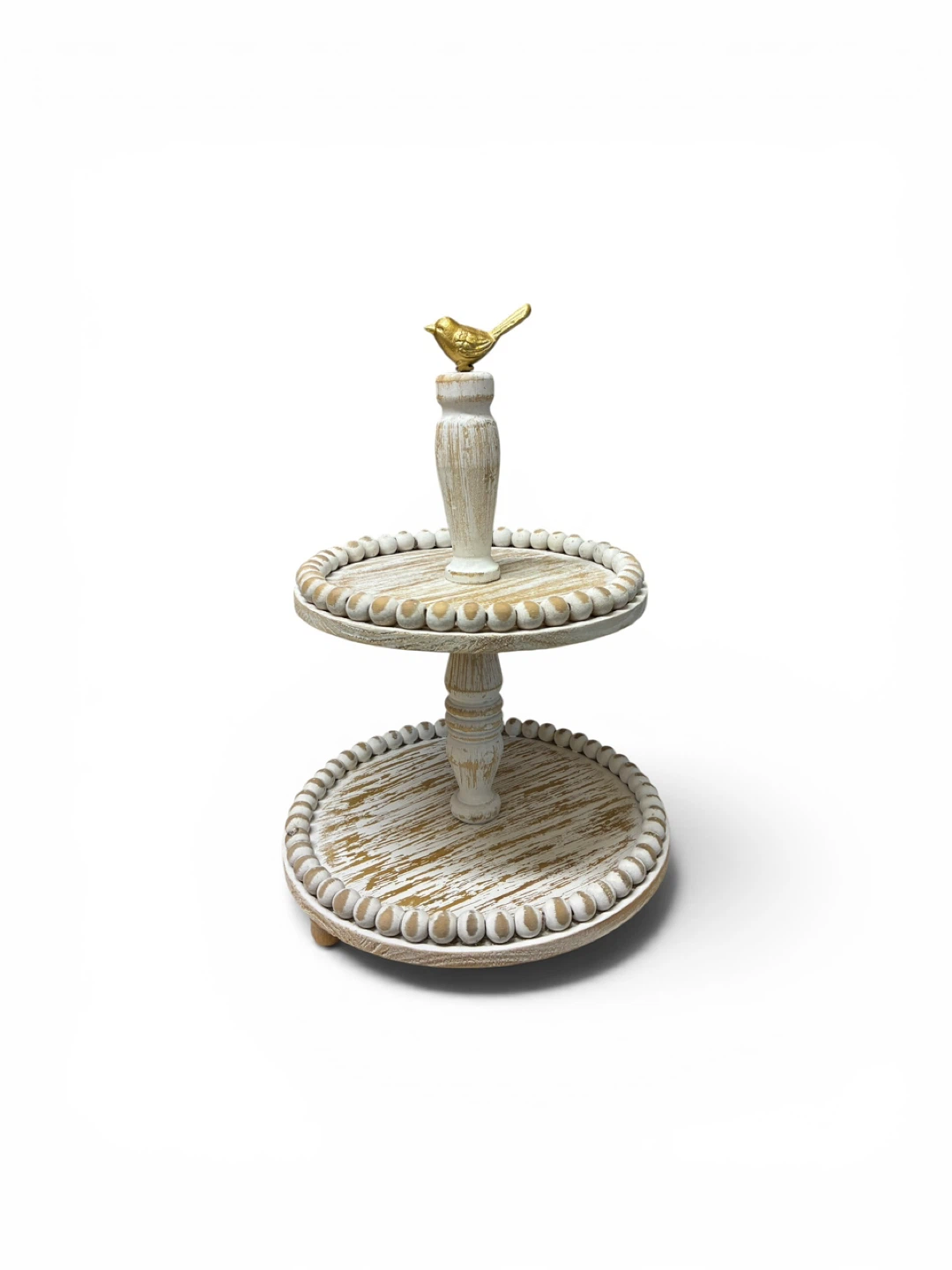 Two-Tiered Wooden Display Stand with Bird Finial