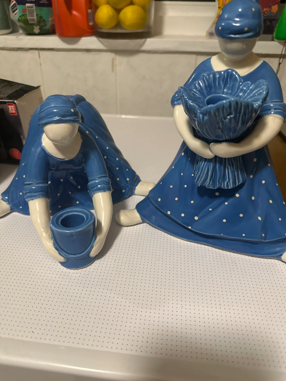 Blue Polka Dot Ceramic Figurine Candle Holders (Set of 2)