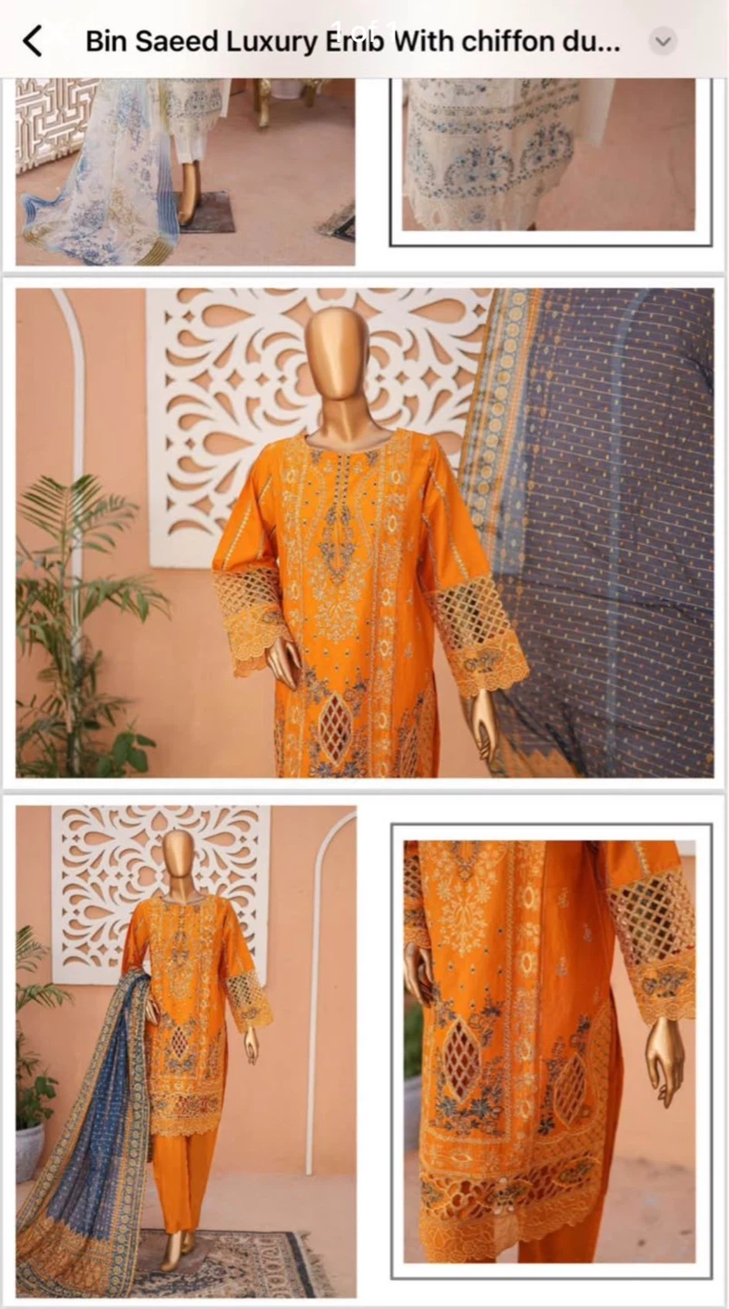 Bin Saeed Luxury Embroidered Orange Chiffon Dress