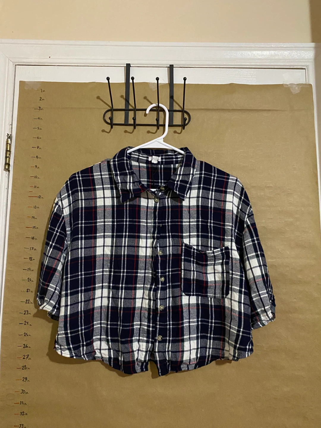 Blue and White Plaid Cropped Flannel Shirt