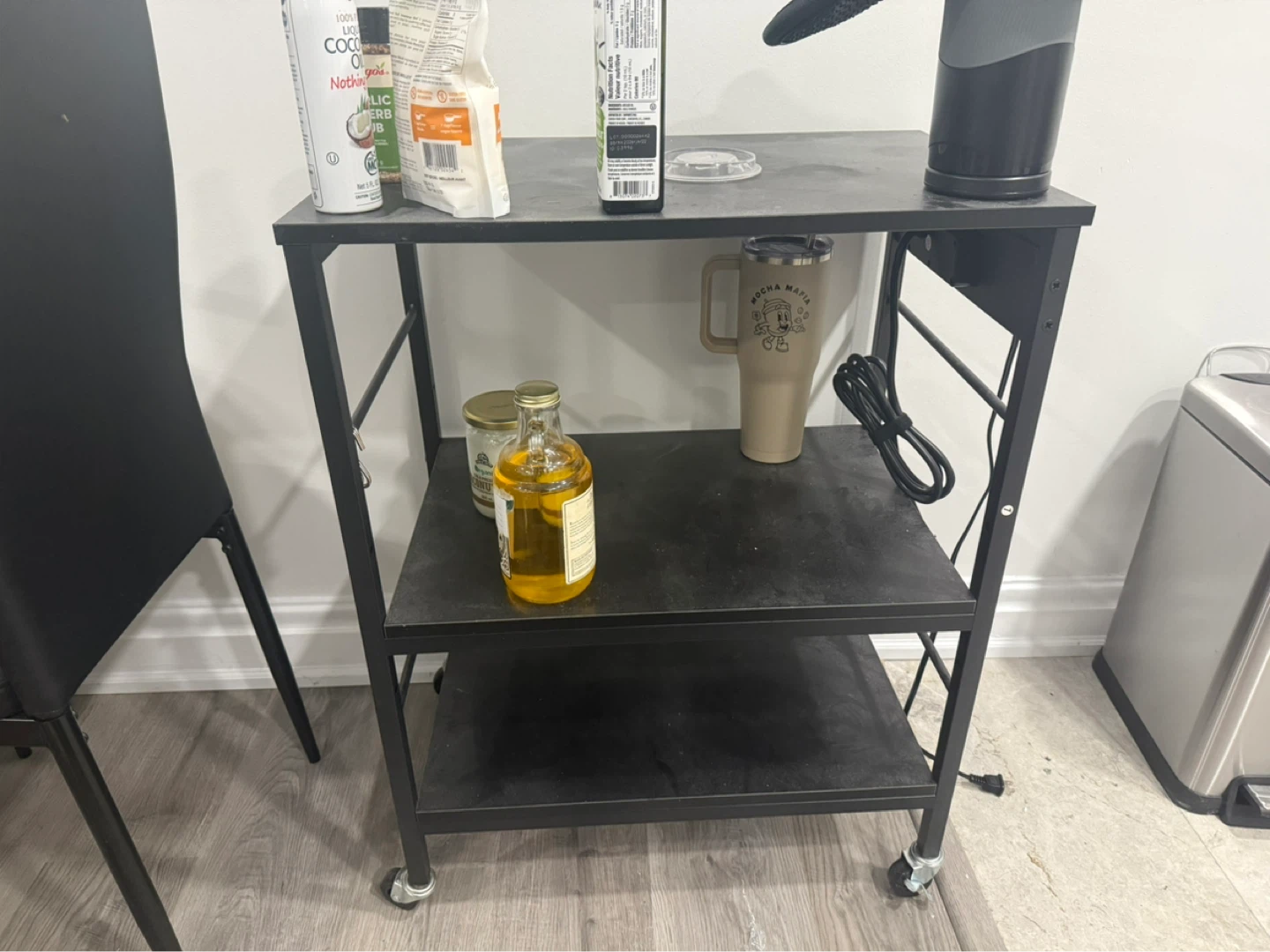 Black Rolling Kitchen Cart with Power Outlets
