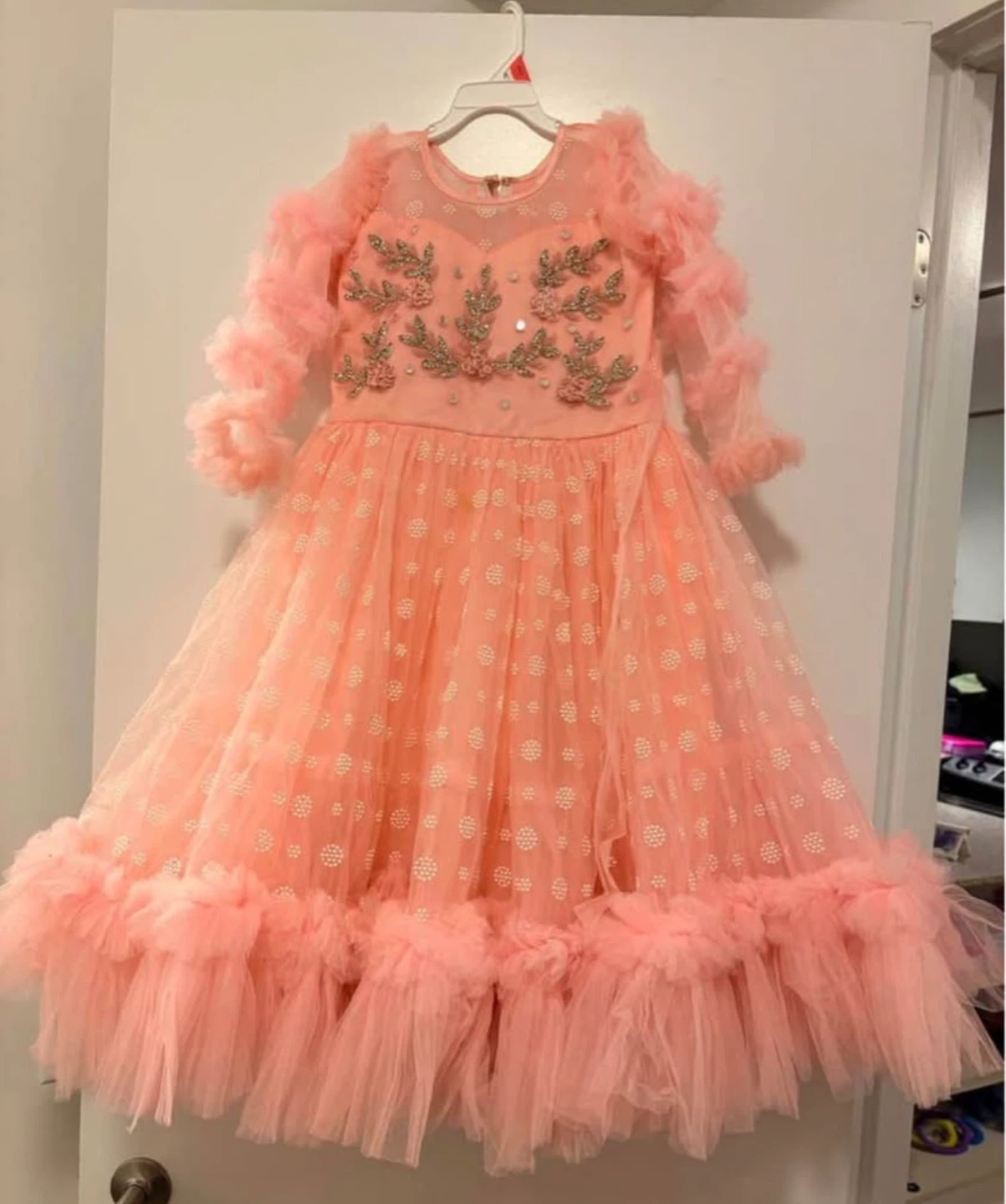 Girls' Peach Tulle Dress with Ruffles