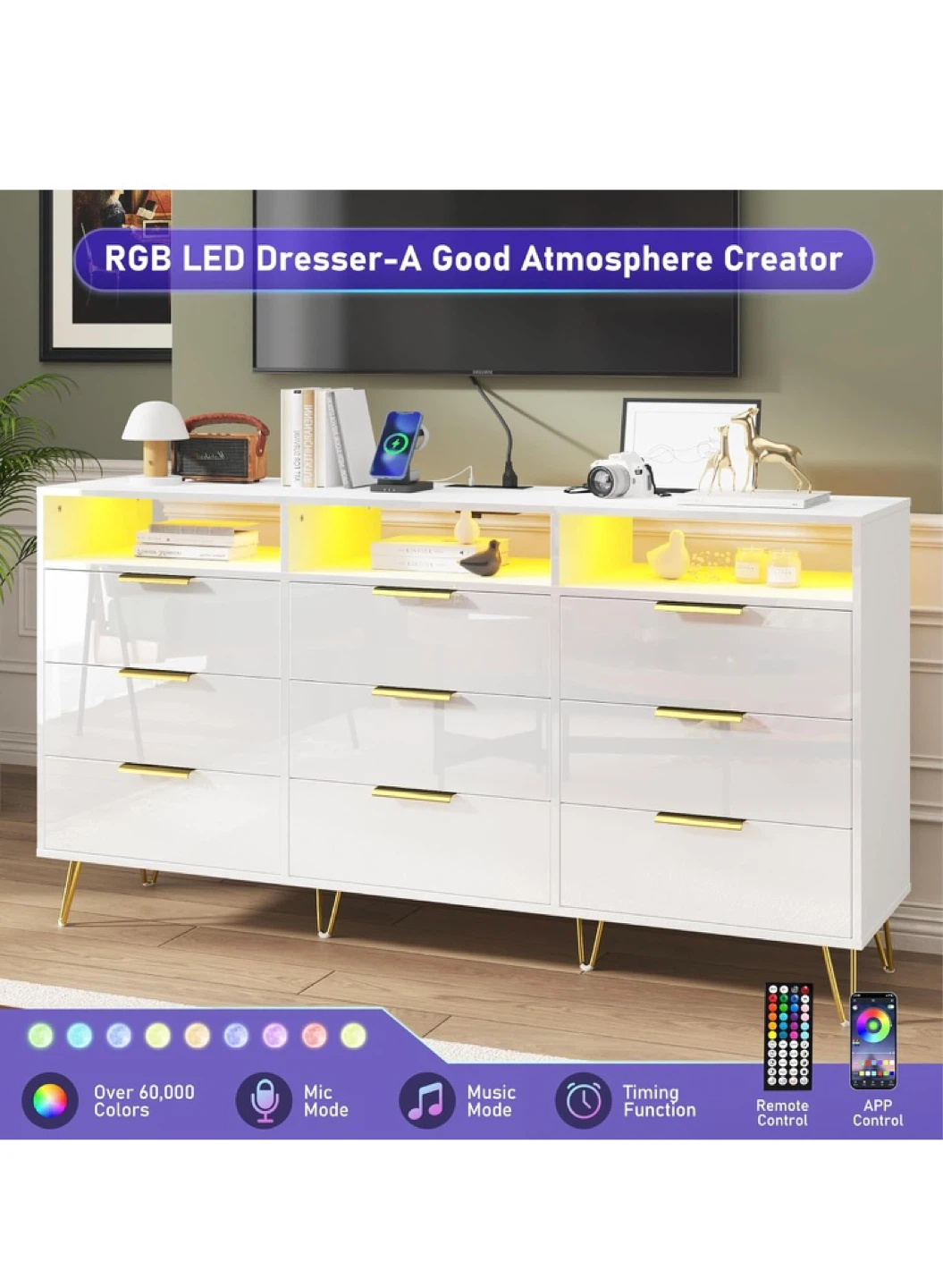 White 9-Drawer Dresser with RGB LED Lighting