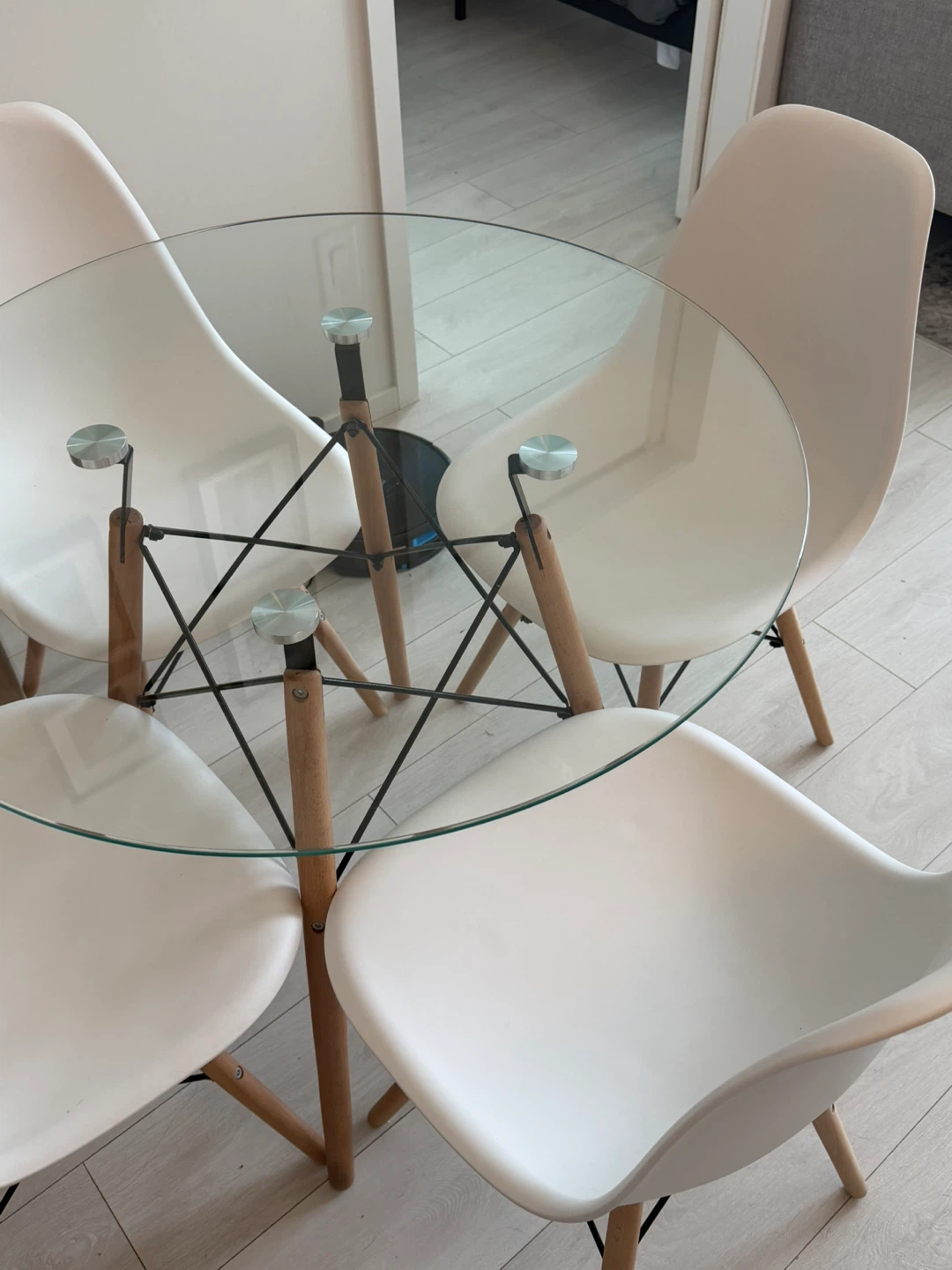 Eiffel Glass Dining Table with 4 White Chairs