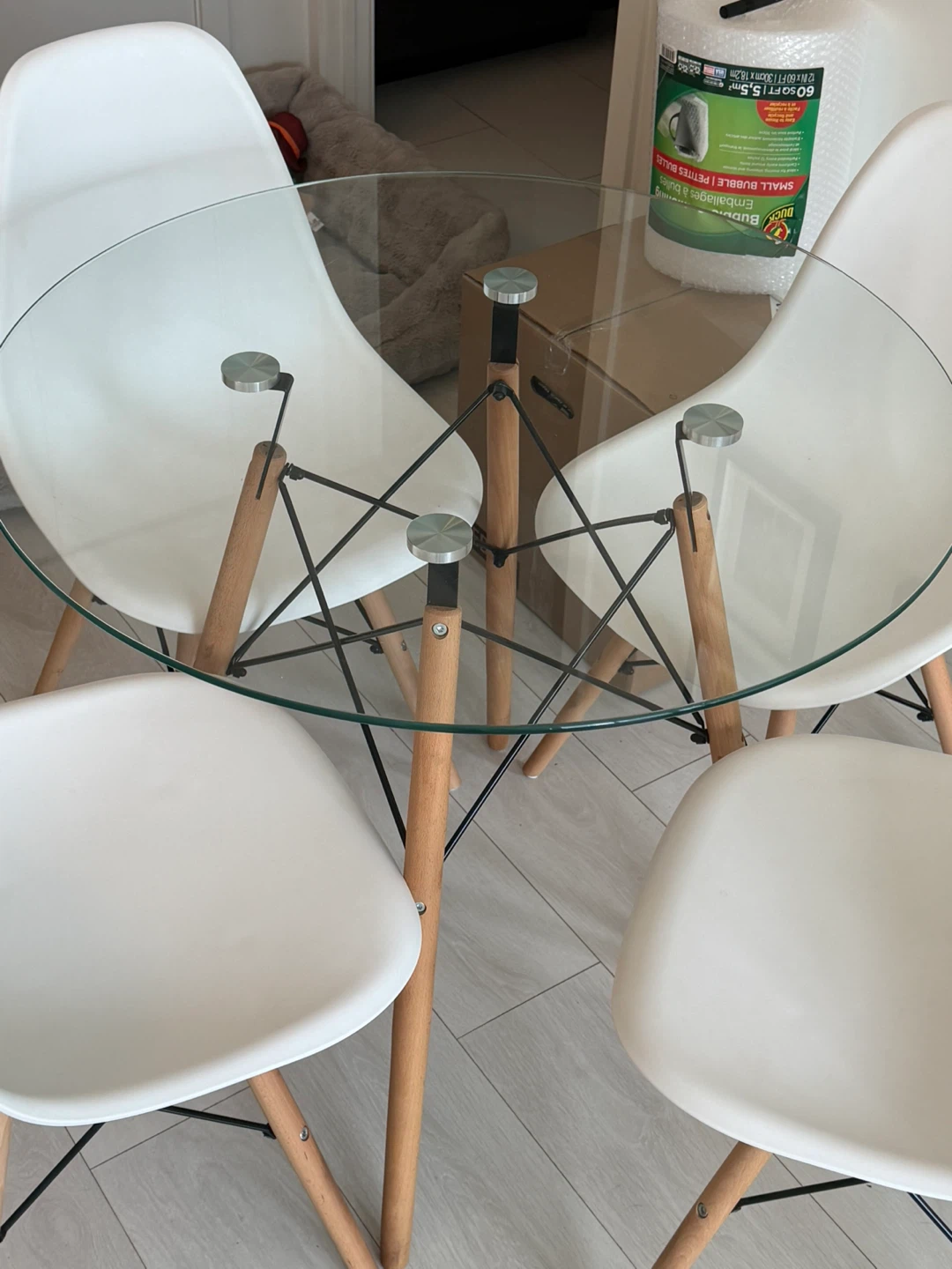 Eiffel Glass Dining Table with 4 White Chairs - photo 5