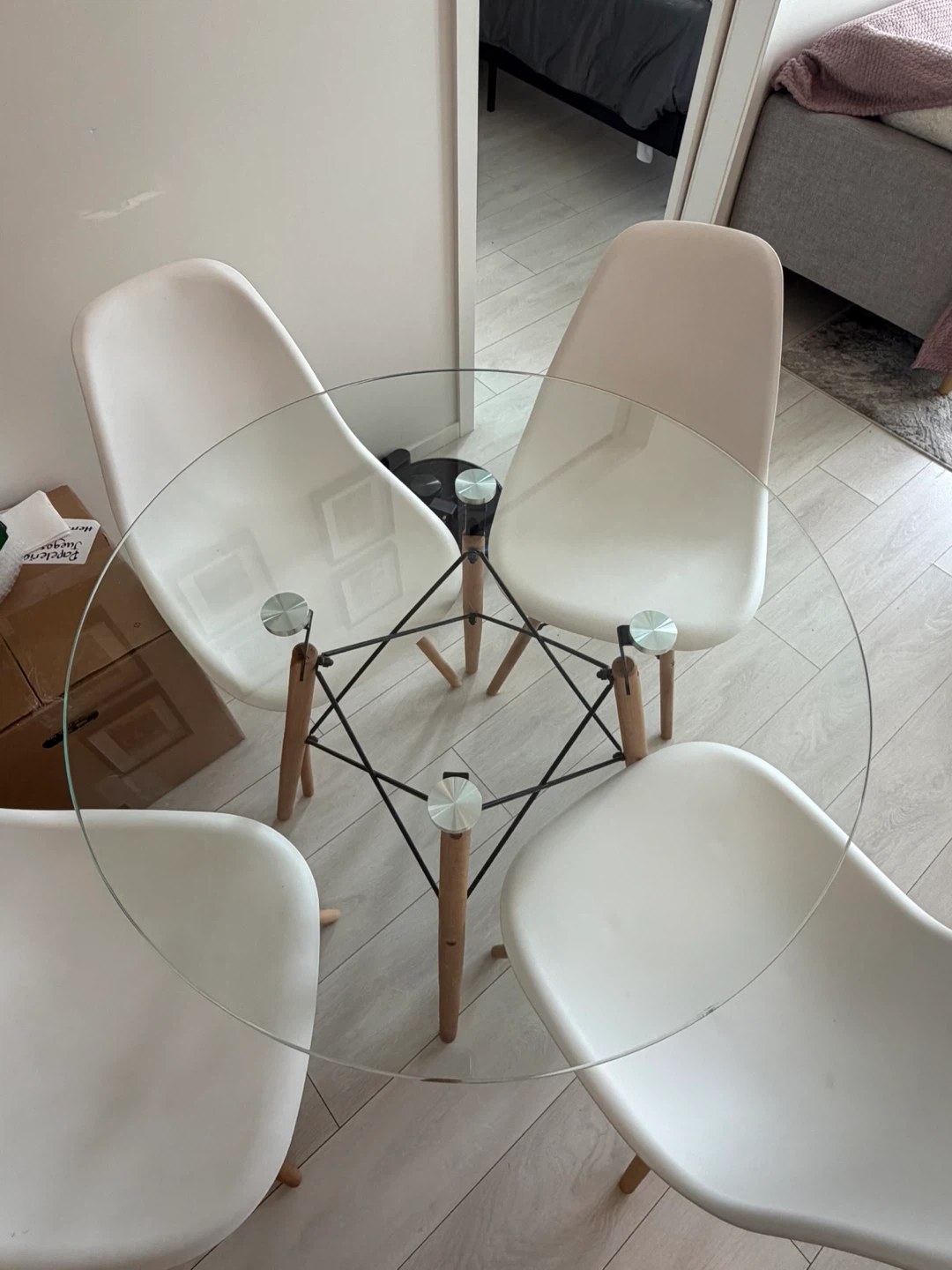 Eiffel Glass Dining Table with 4 White Chairs - photo 4