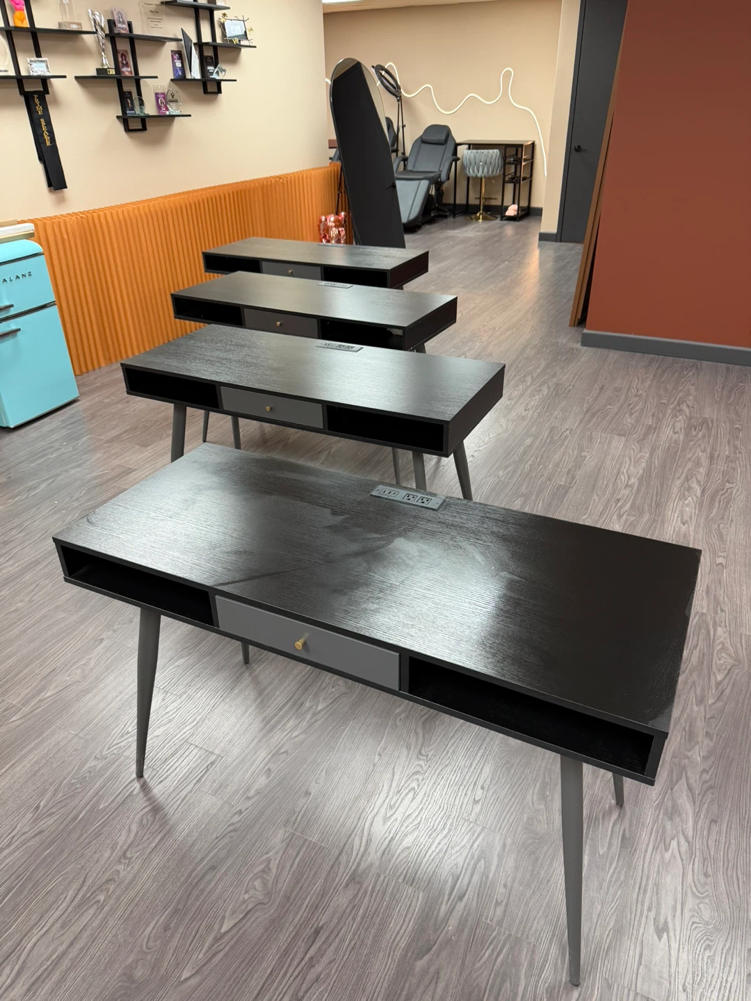 Modern Black Desk with Drawer and Built-in Power Strip