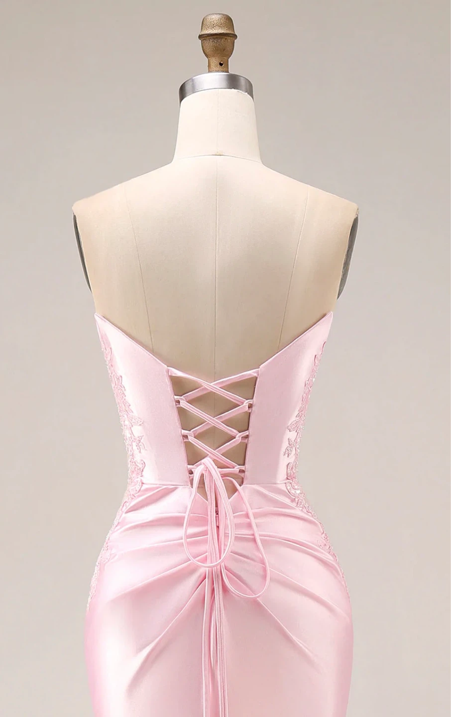 Pink satin mermaid strapless long prom dress with slit - photo 2