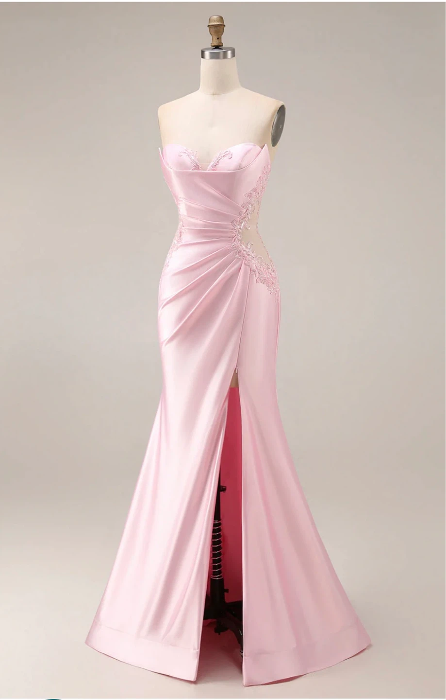 Pink satin mermaid strapless long prom dress with slit - photo 3