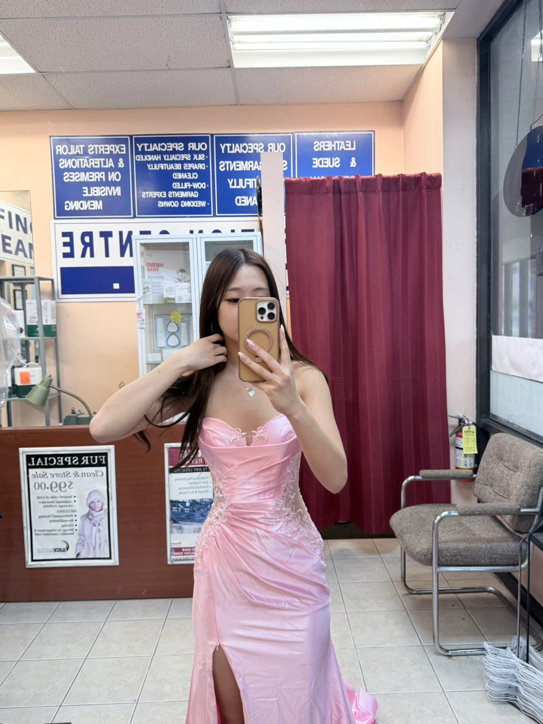 Pink satin mermaid strapless long prom dress with slit
