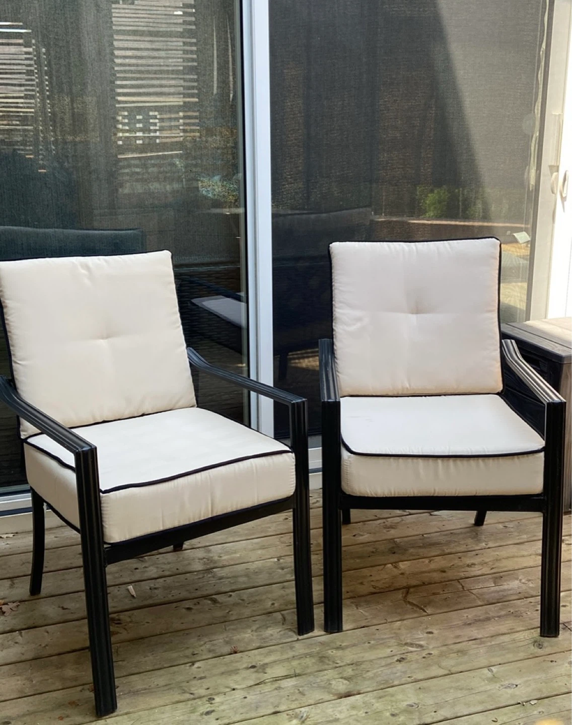 Black Metal Armchairs x 4 with Beige Cushions