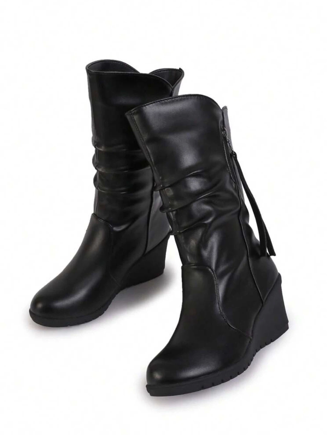 Black Ruched Wedge Boots